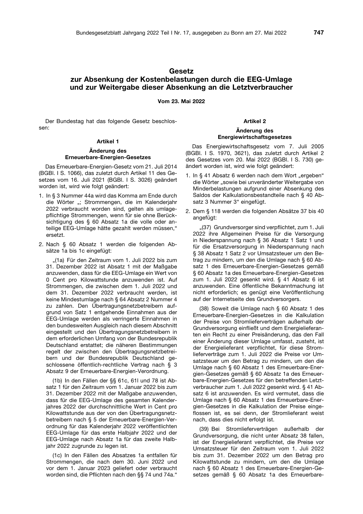 BGBl. 2022, Seite 747 — Originalseite als Abbildung