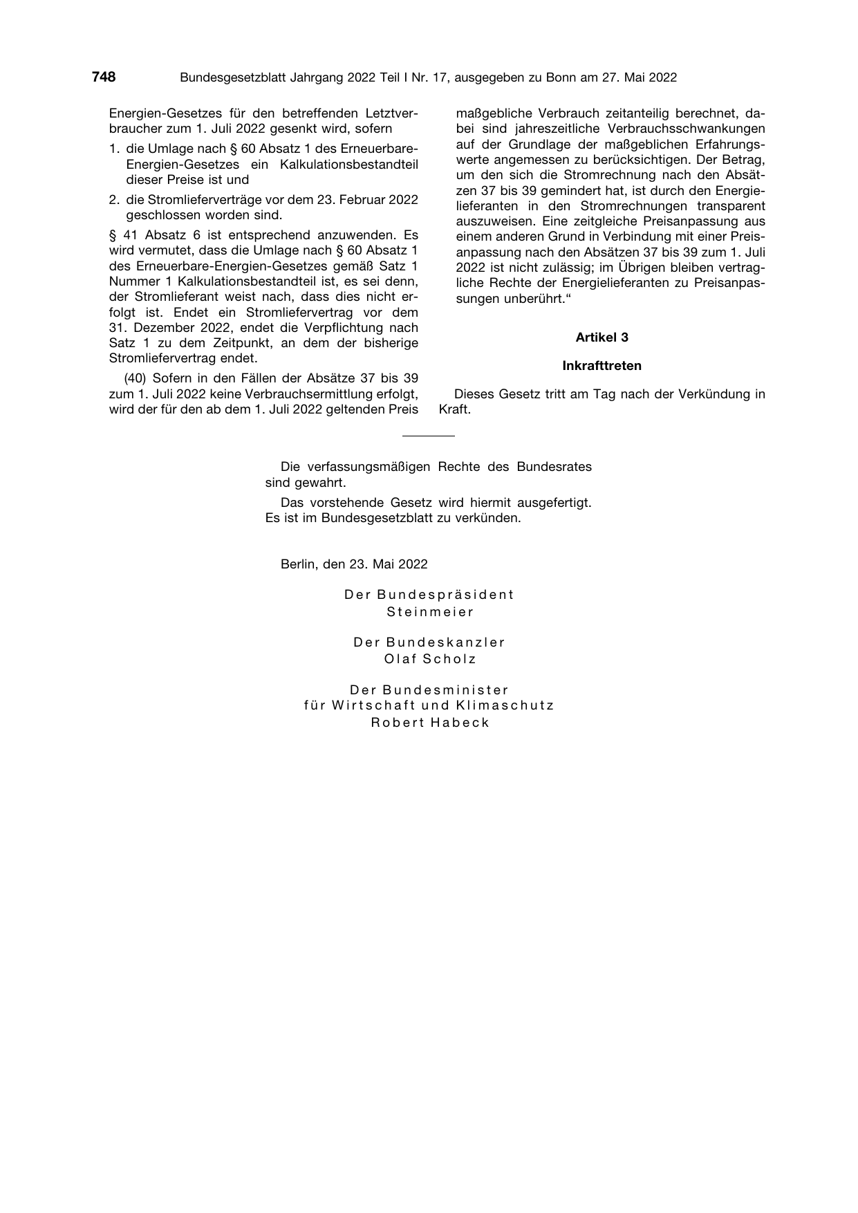 BGBl. 2022, Seite 748 — Originalseite als Abbildung
