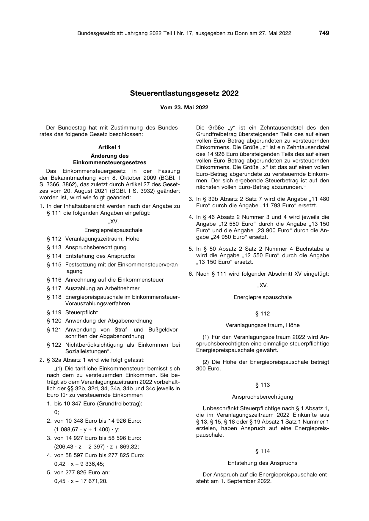 BGBl. 2022, Seite 749 — Originalseite als Abbildung