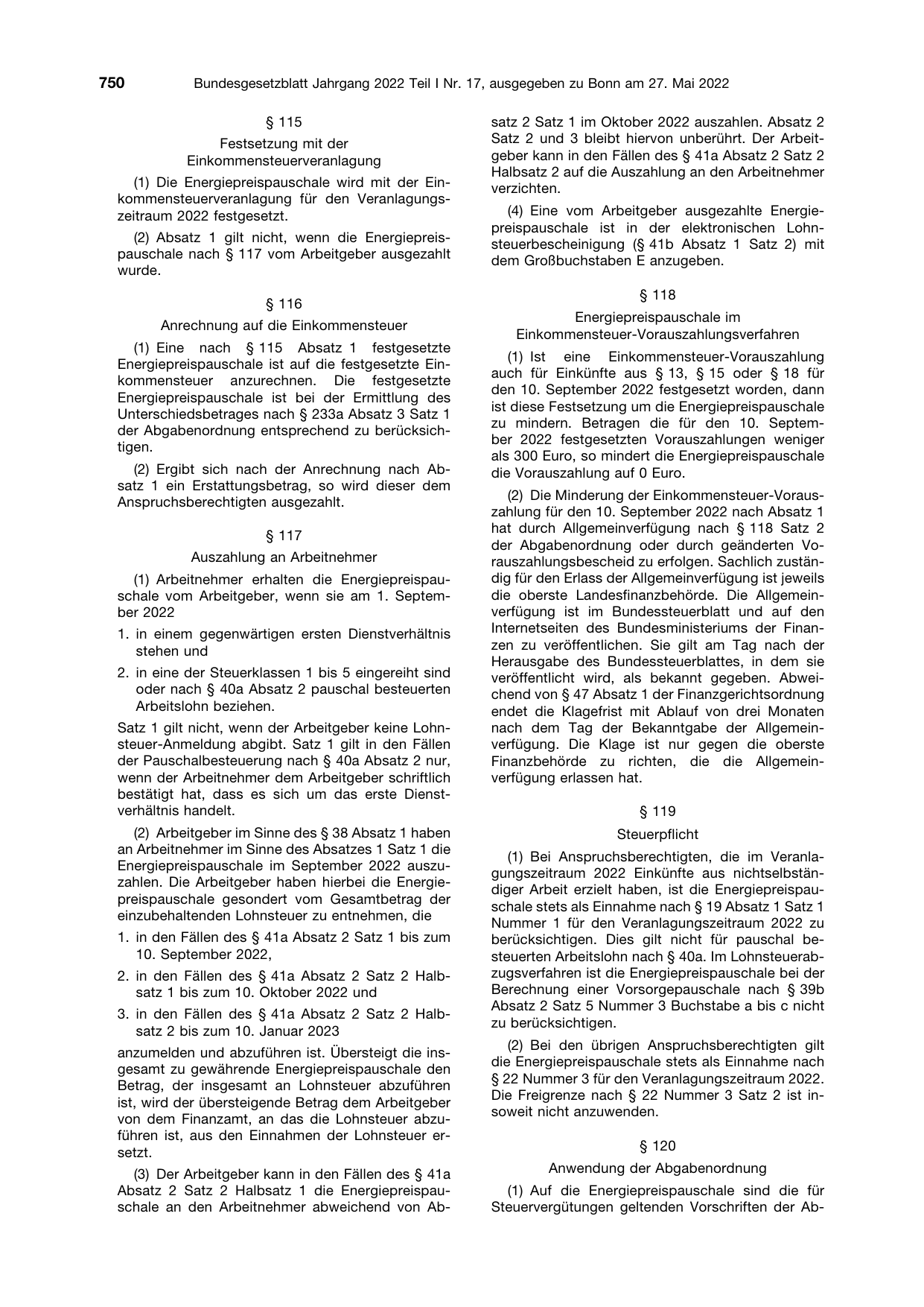 BGBl. 2022, Seite 750 — Originalseite als Abbildung