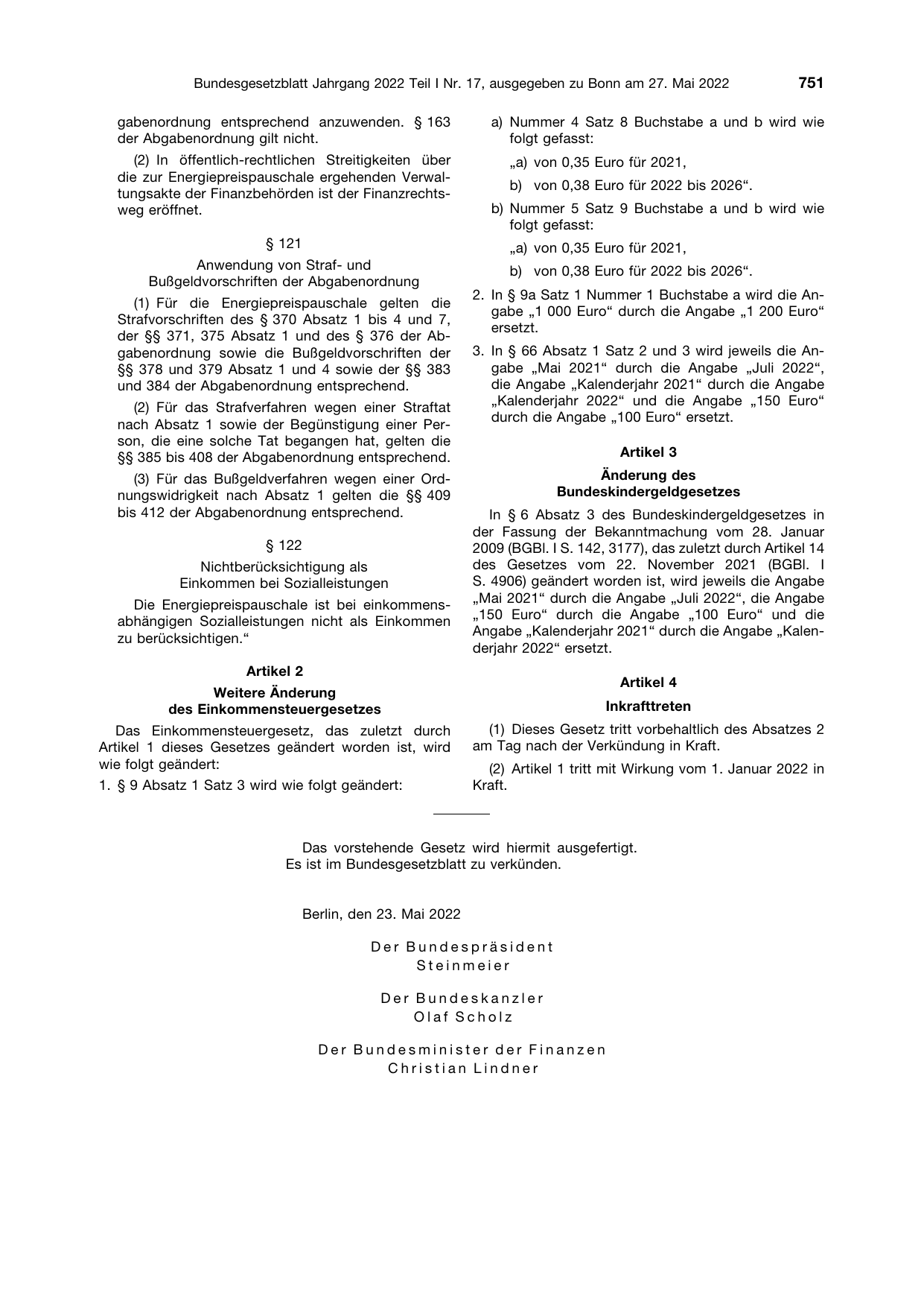 BGBl. 2022, Seite 751 — Originalseite als Abbildung