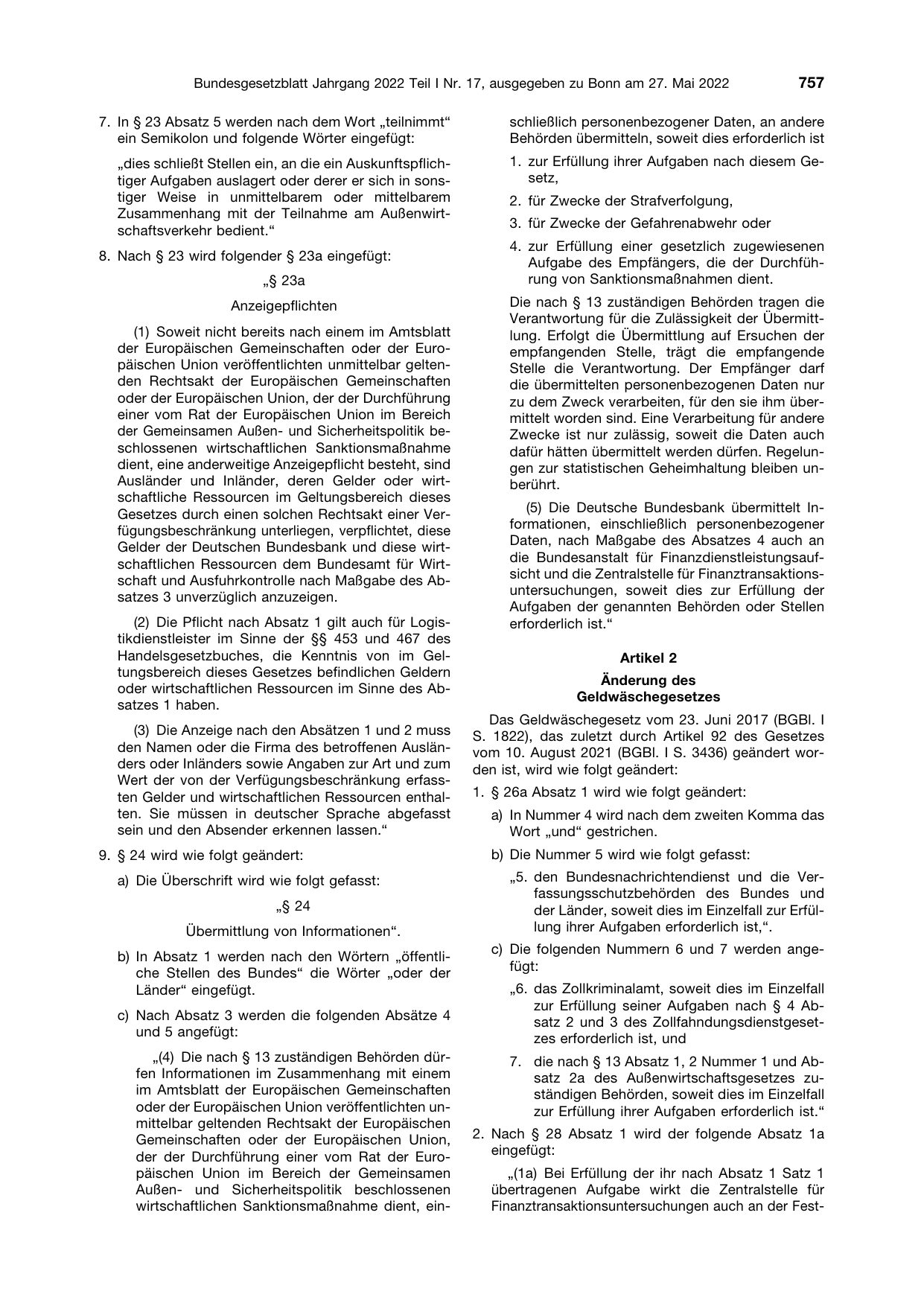 BGBl. 2022, Seite 757 — Originalseite als Abbildung