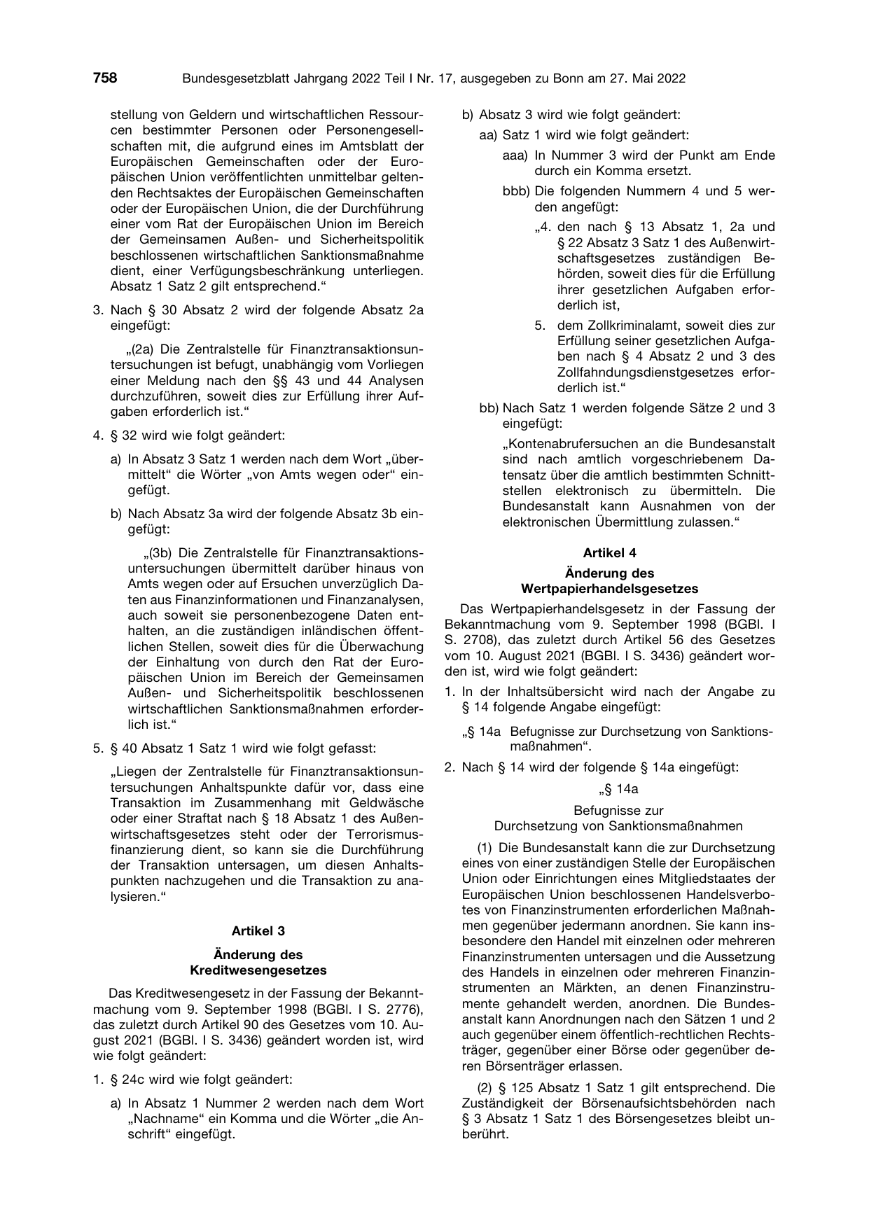 BGBl. 2022, Seite 758 — Originalseite als Abbildung