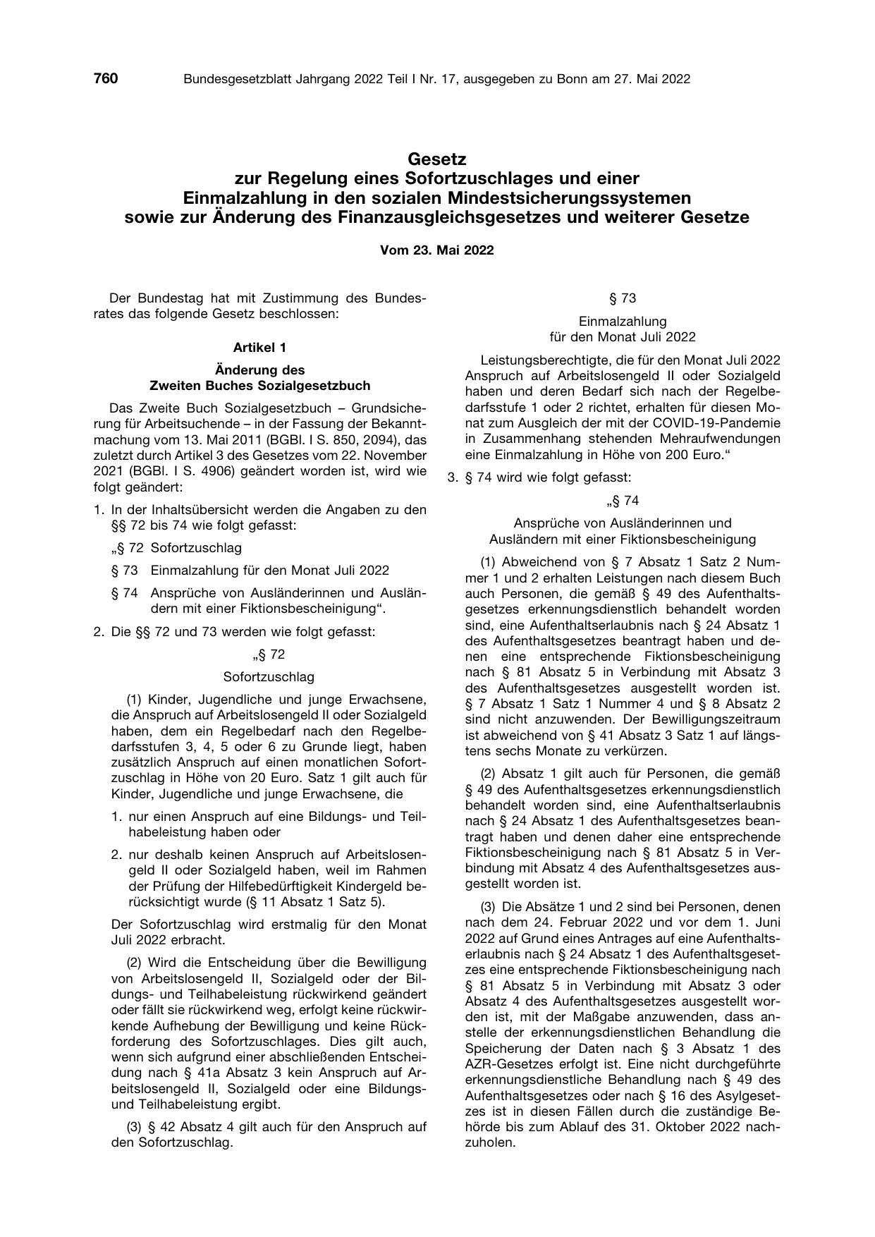 BGBl. 2022, Seite 760 — Originalseite als Abbildung