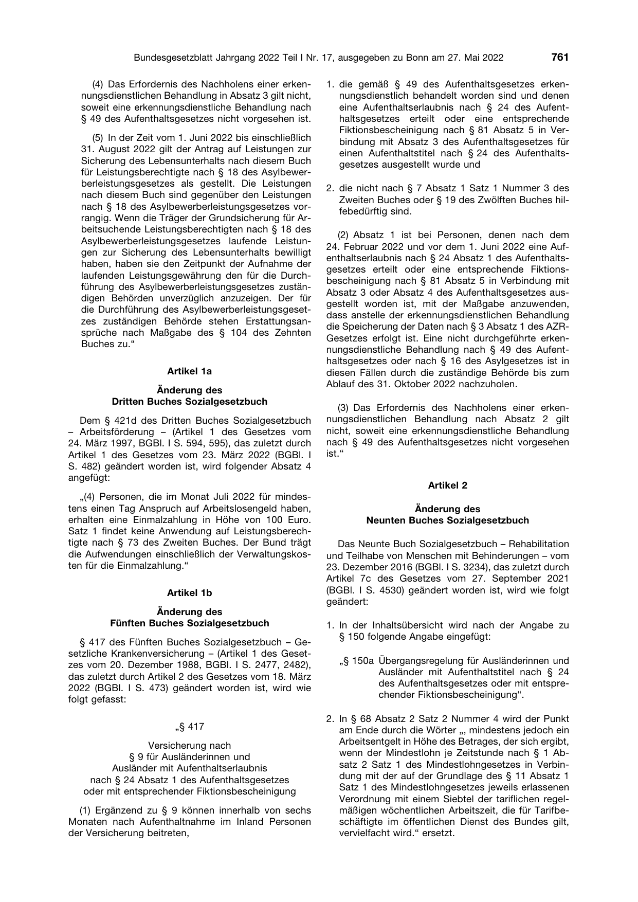BGBl. 2022, Seite 761 — Originalseite als Abbildung