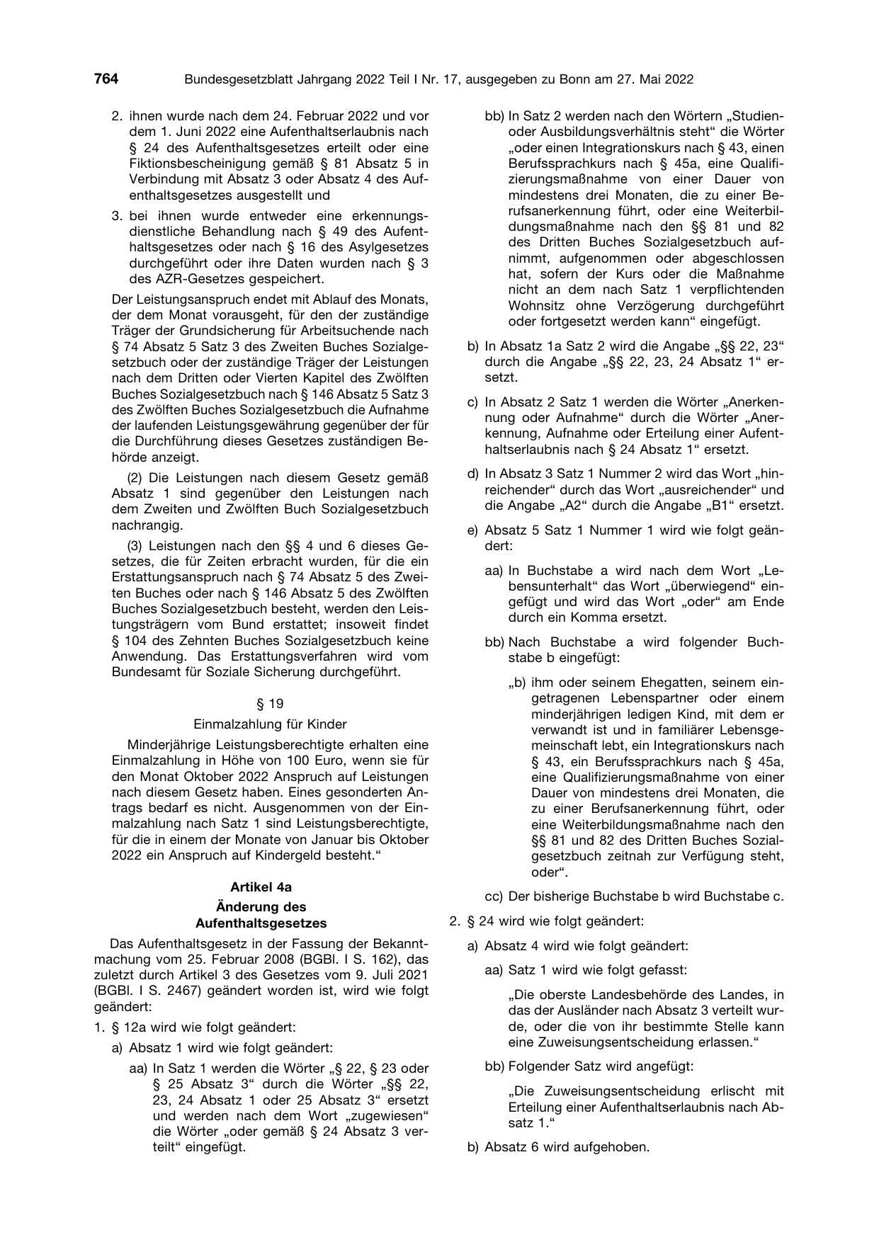 BGBl. 2022, Seite 764 — Originalseite als Abbildung