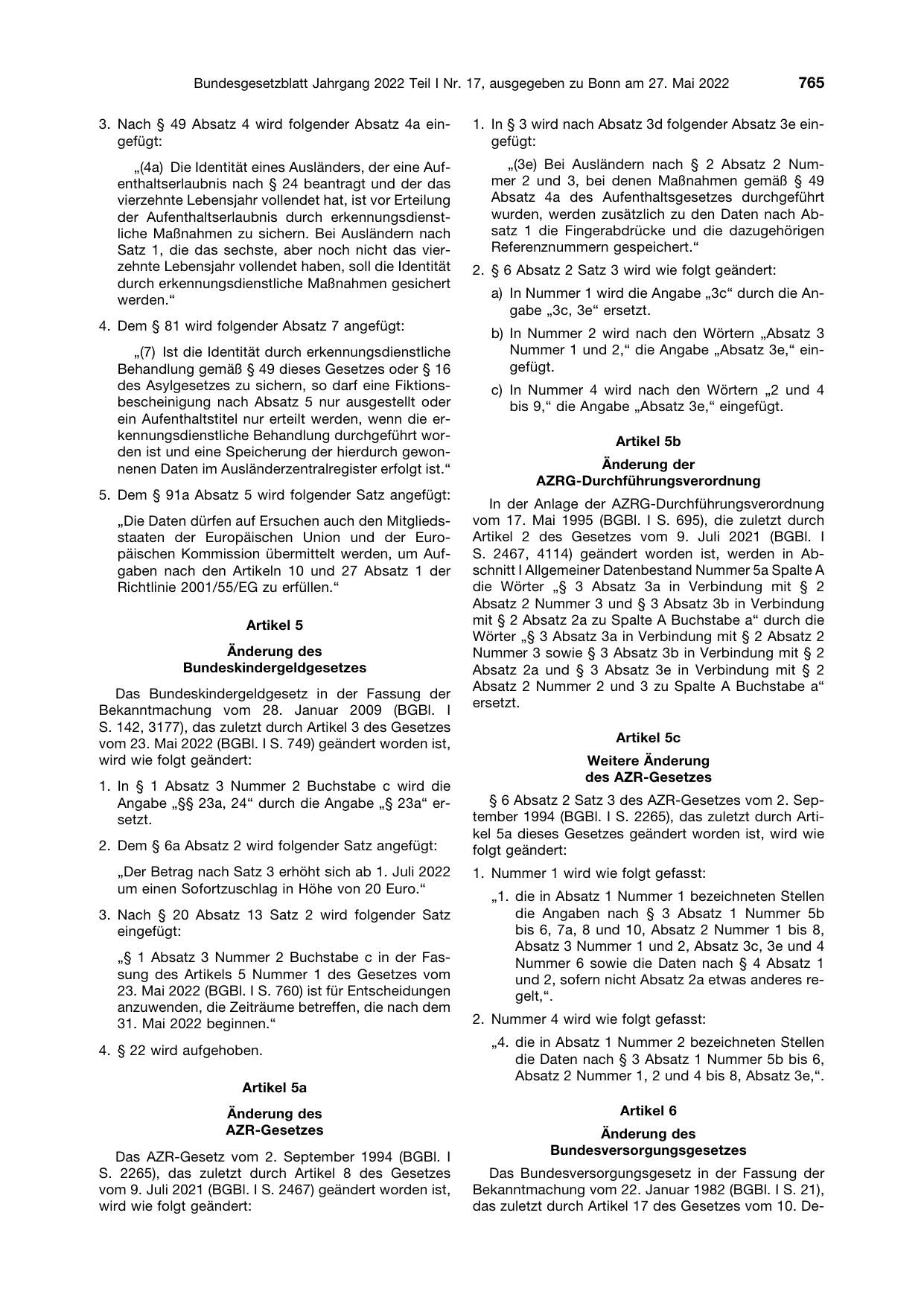 BGBl. 2022, Seite 765 — Originalseite als Abbildung