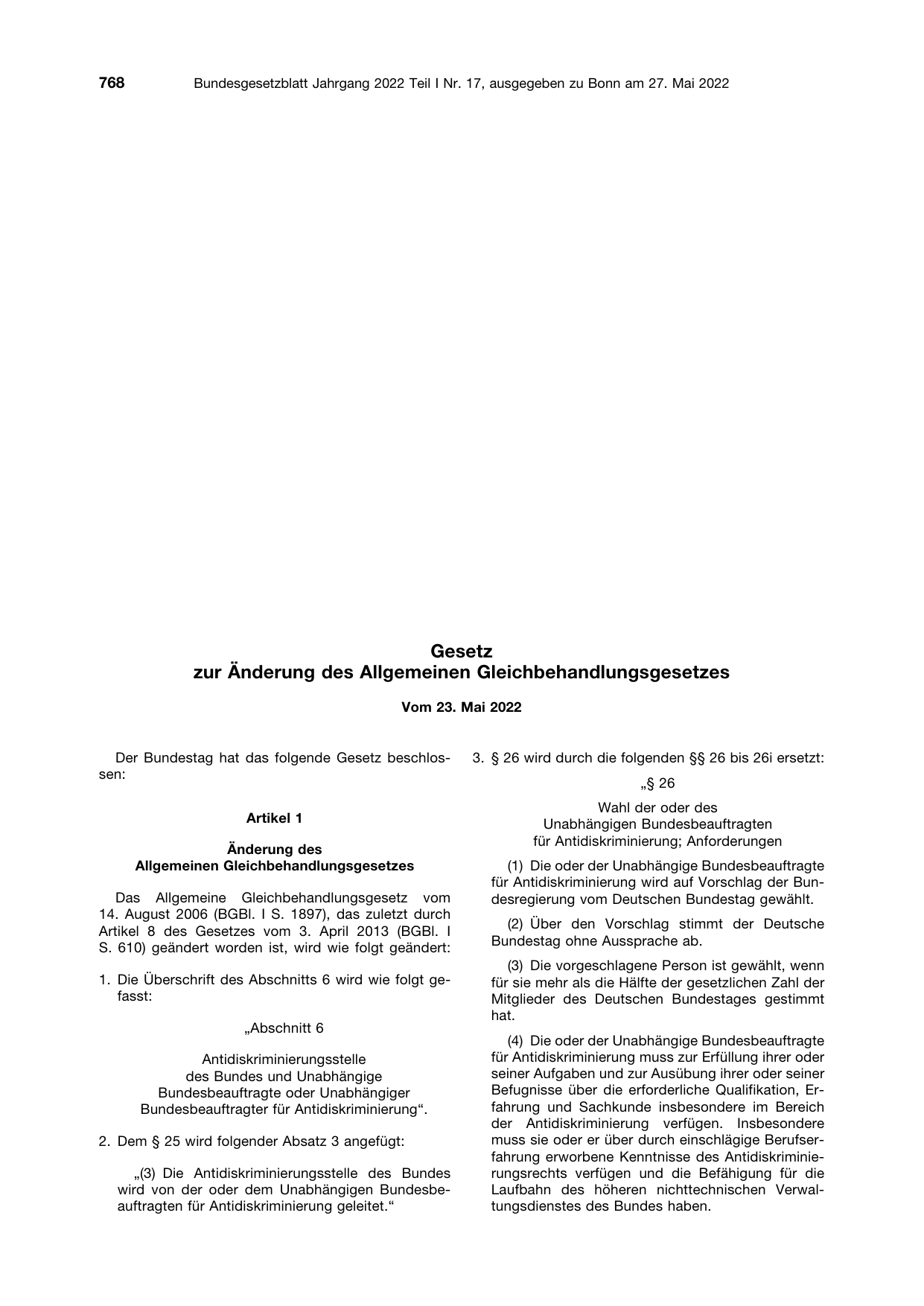 BGBl. 2022, Seite 768 — Originalseite als Abbildung