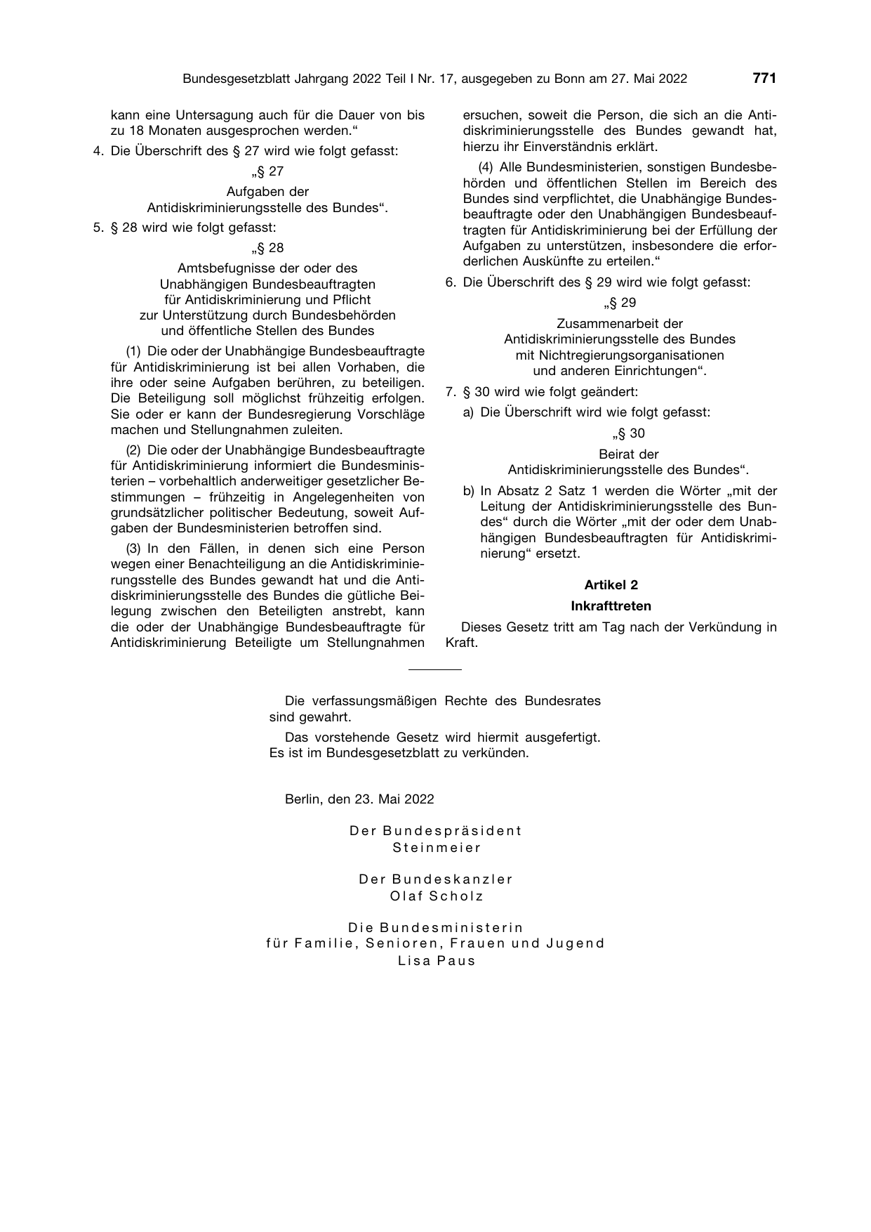 BGBl. 2022, Seite 771 — Originalseite als Abbildung