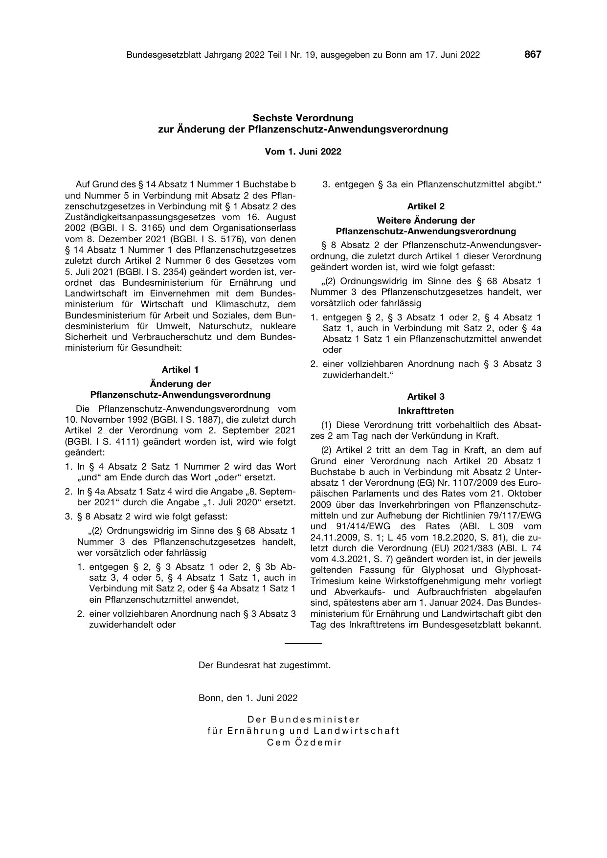 BGBl. 2022, Seite 867 — Originalseite als Abbildung