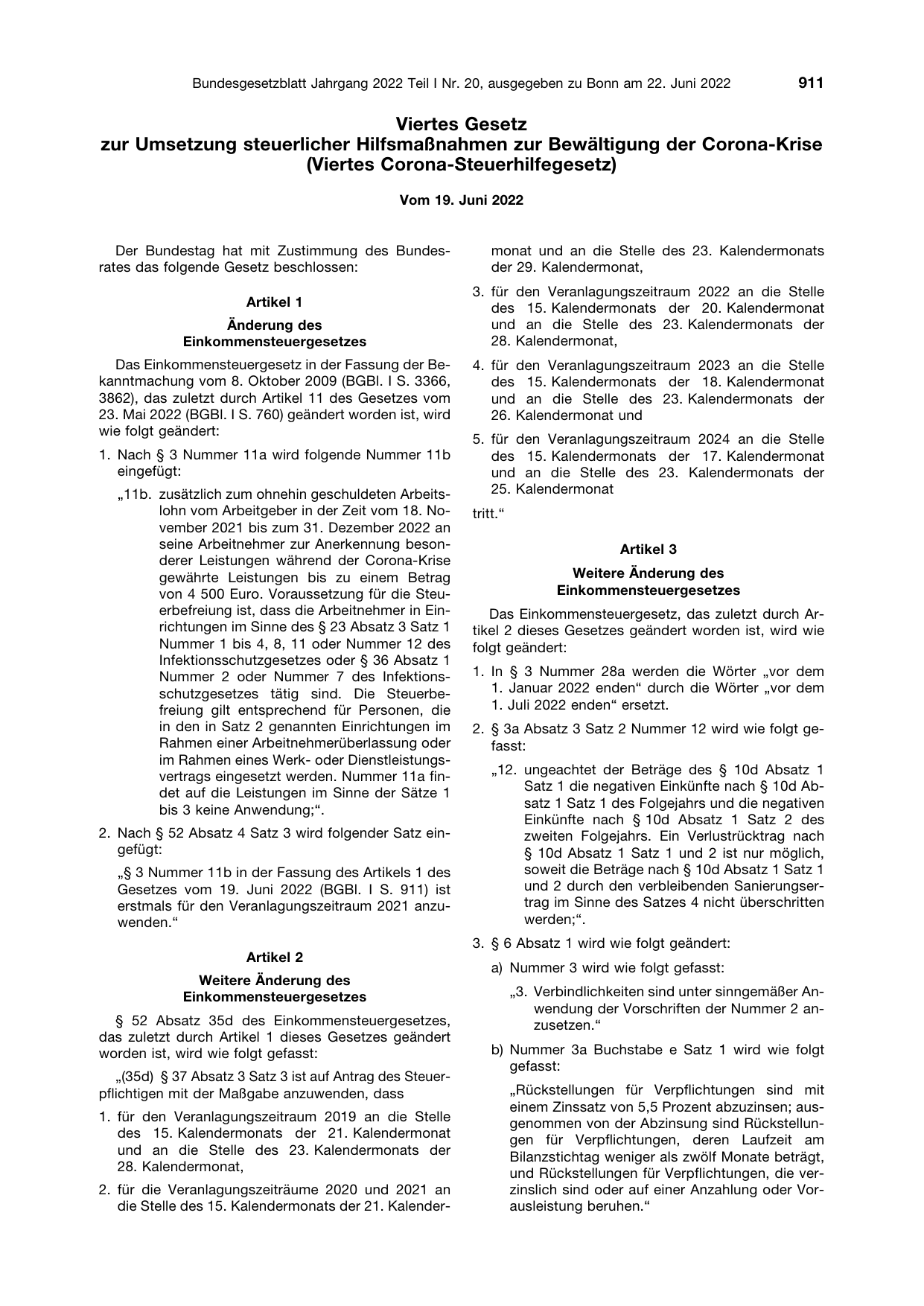 BGBl. 2022, Seite 911 — Originalseite als Abbildung