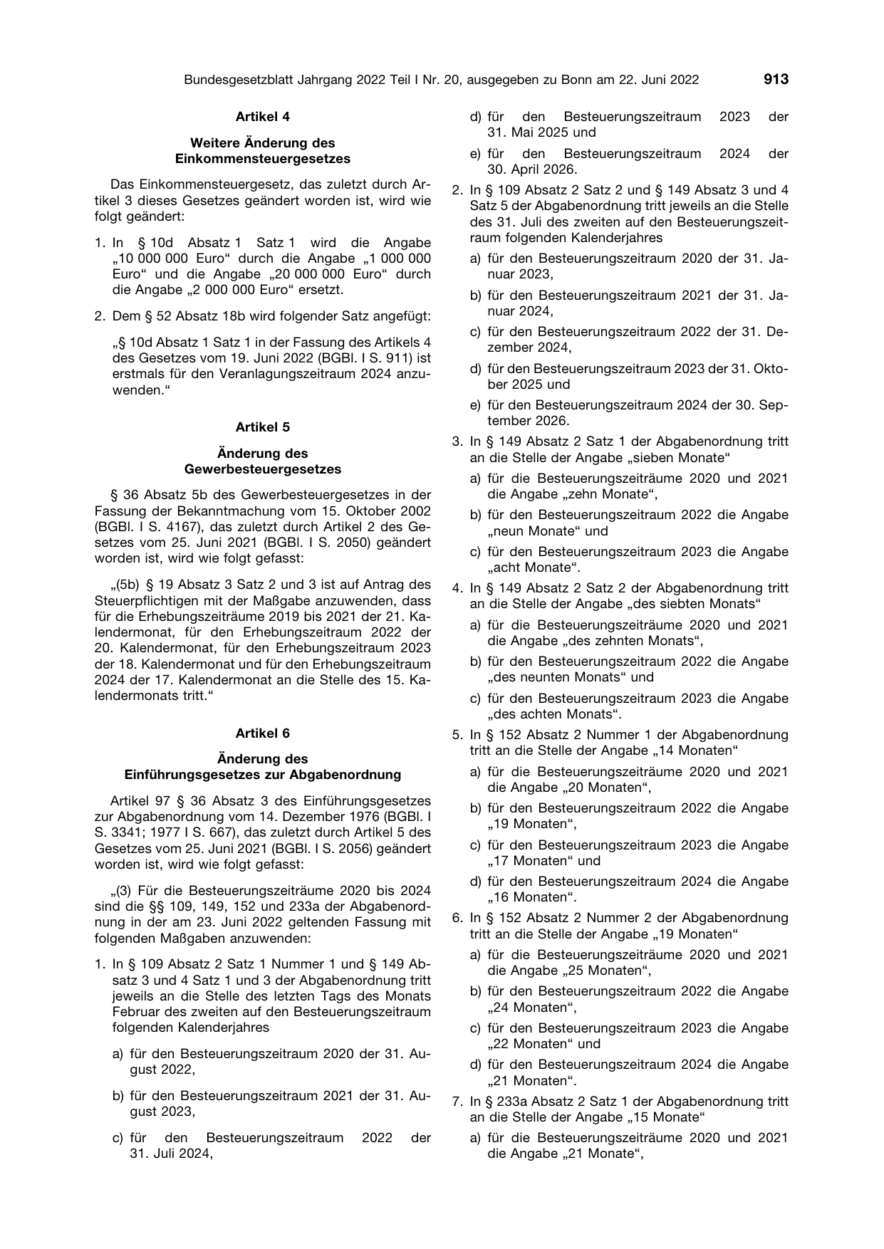 BGBl. 2022, Seite 913 — Originalseite als Abbildung