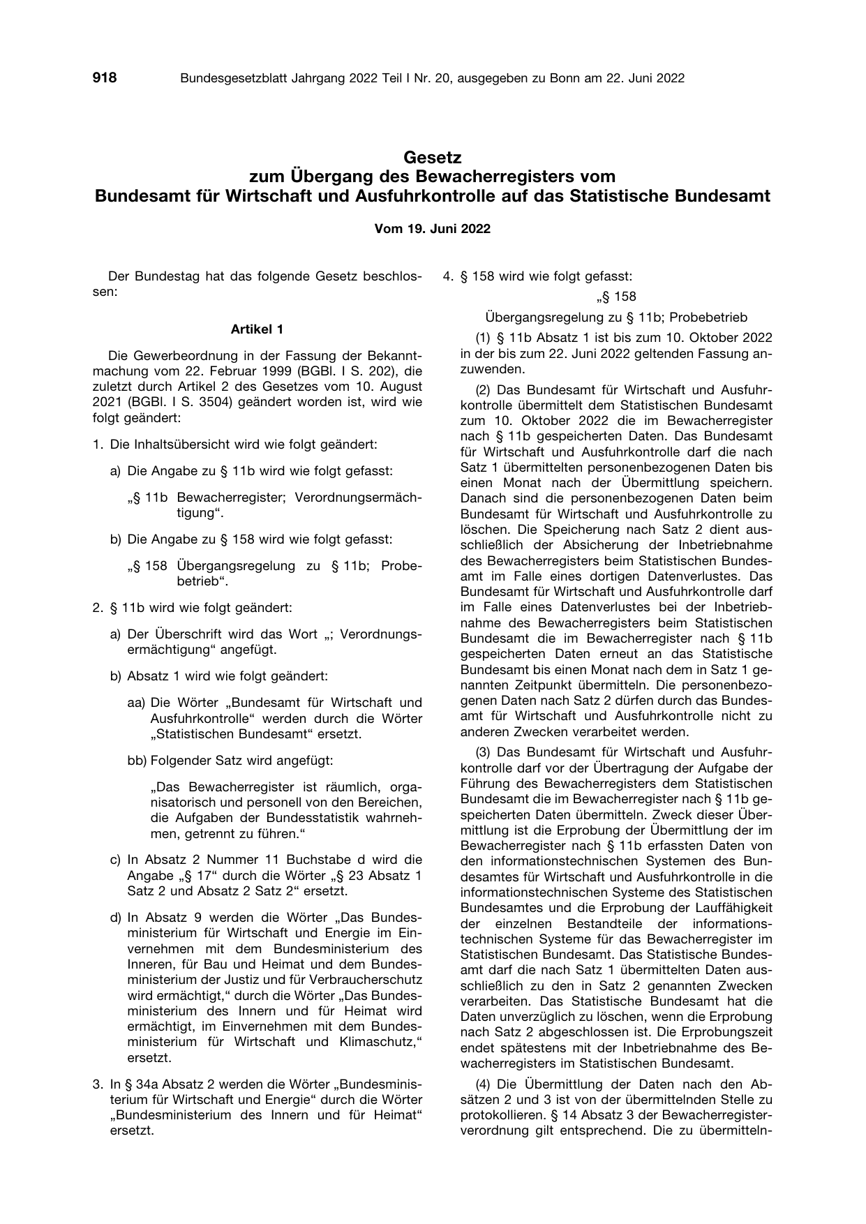 BGBl. 2022, Seite 918 — Originalseite als Abbildung