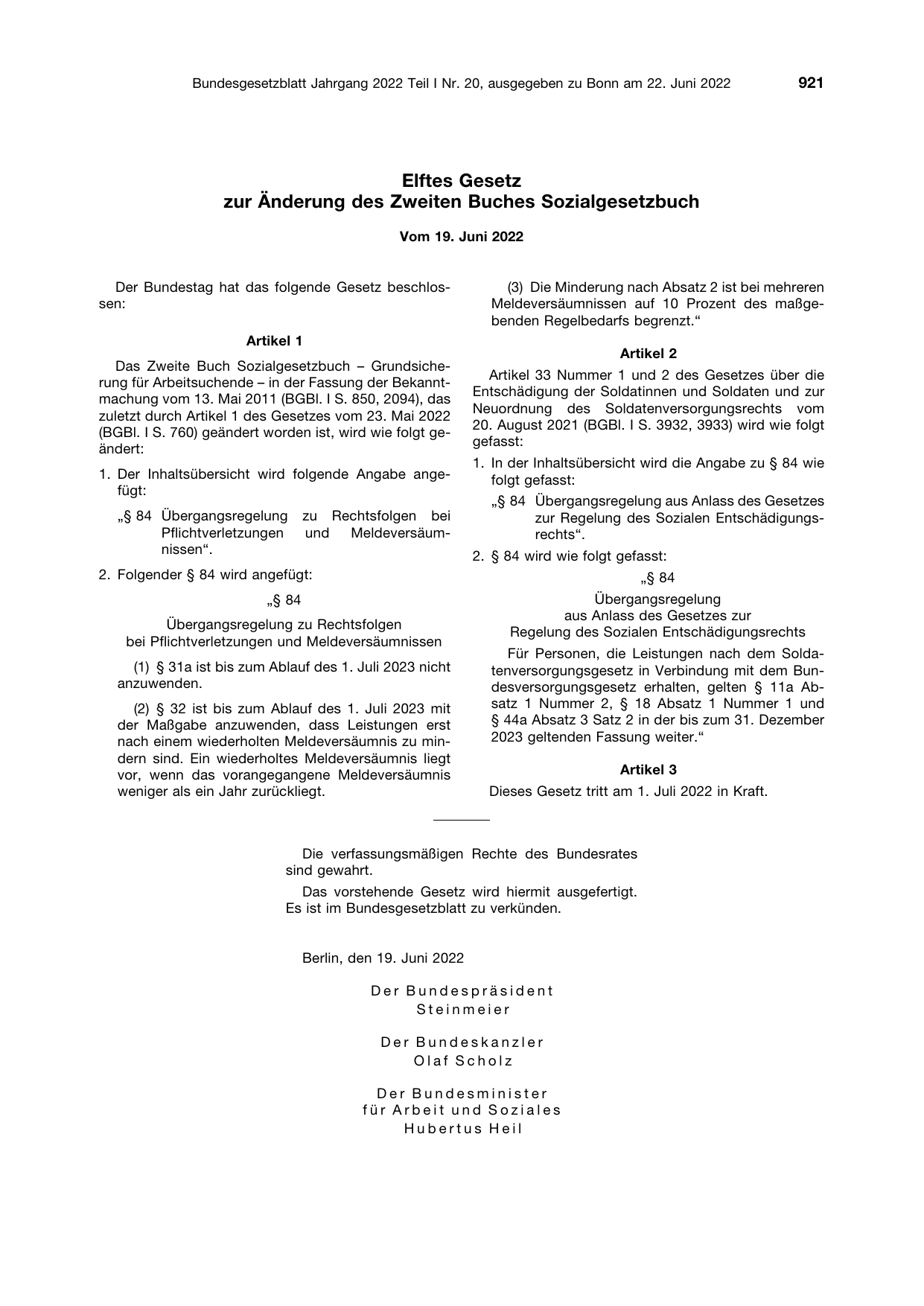 BGBl. 2022, Seite 921 — Originalseite als Abbildung