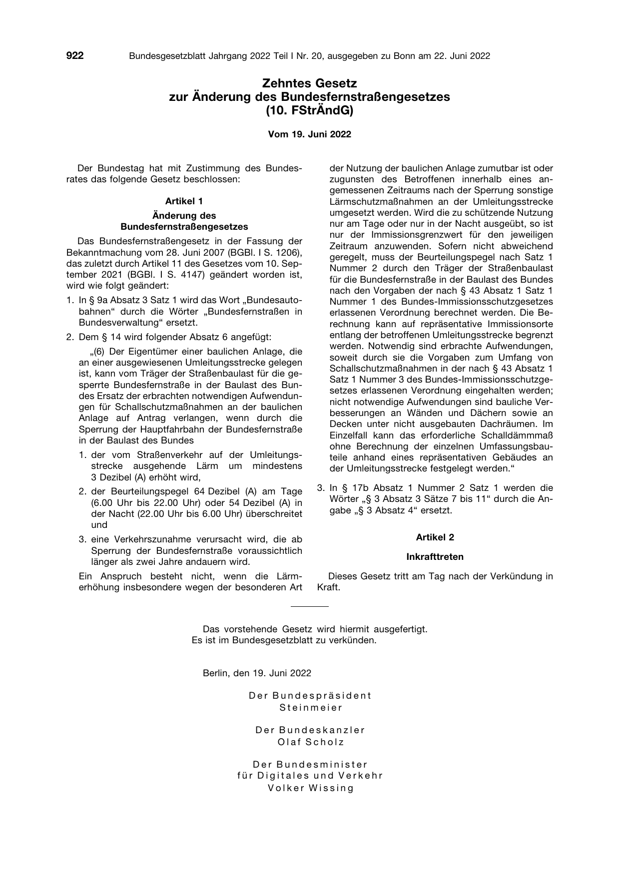 BGBl. 2022, Seite 922 — Originalseite als Abbildung