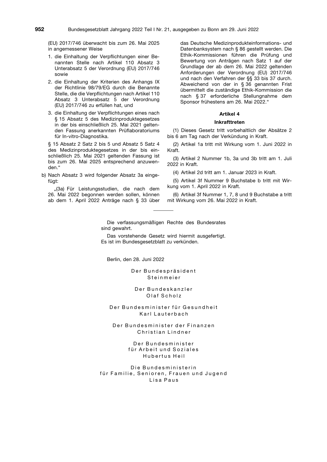BGBl. 2022, Seite 952 — Originalseite als Abbildung