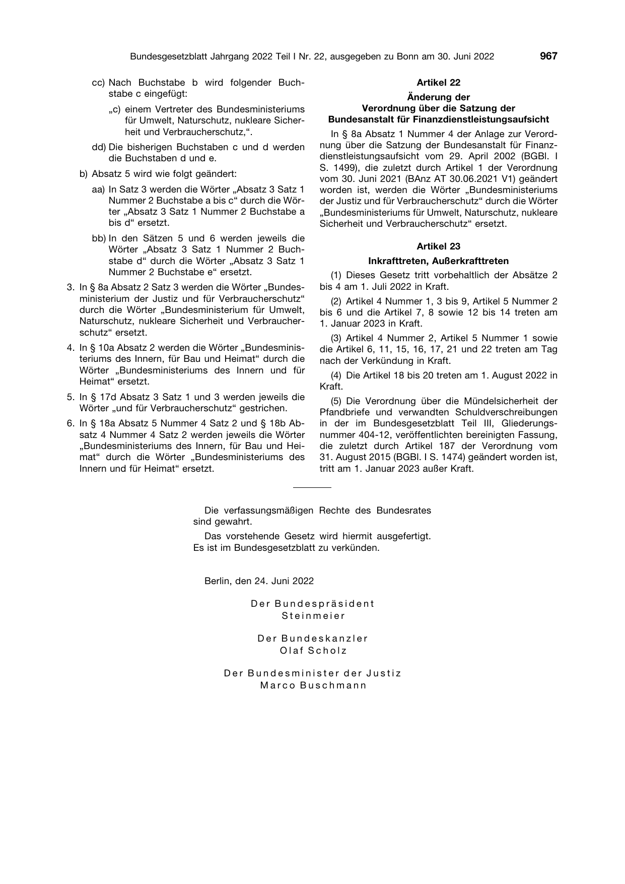 BGBl. 2022, Seite 967 — Originalseite als Abbildung