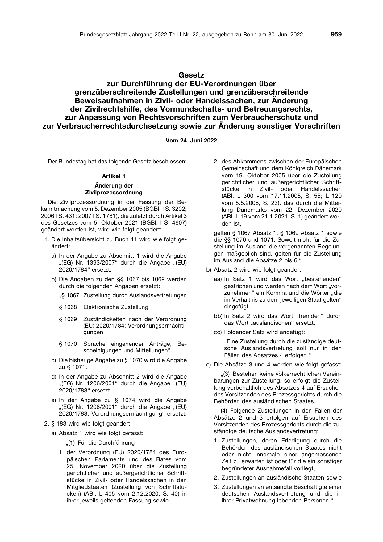 BGBl. 2022, Seite 959 — Originalseite als Abbildung