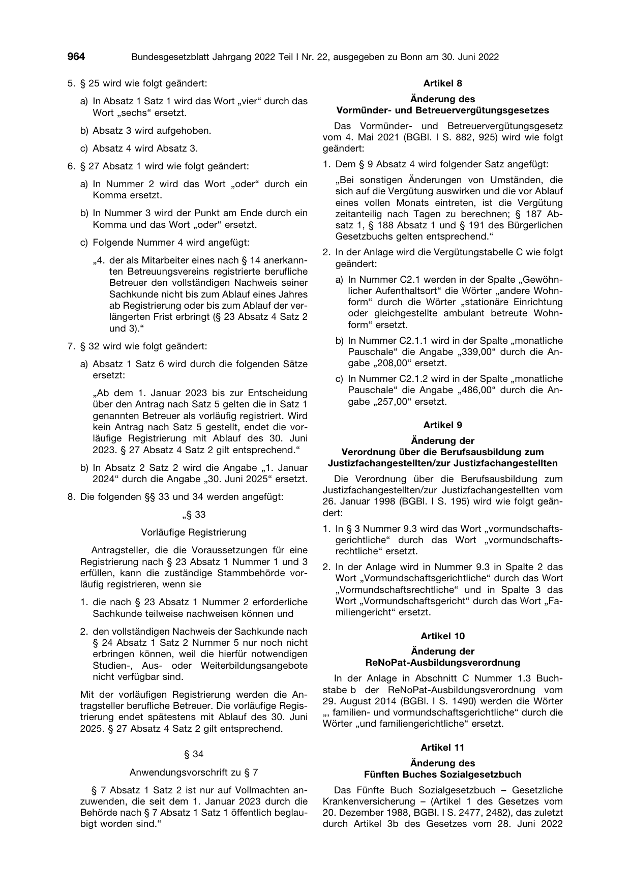 BGBl. 2022, Seite 964 — Originalseite als Abbildung