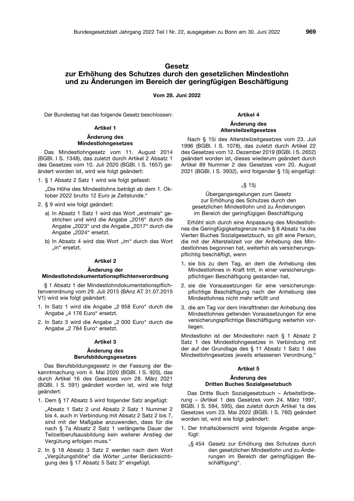 BGBl. 2022, Seite 969 — Originalseite als Abbildung