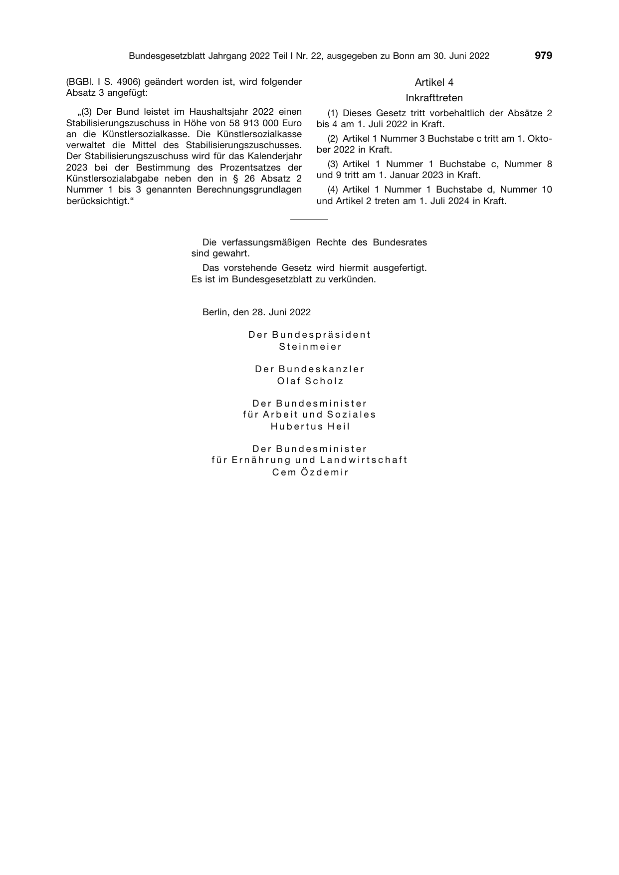 BGBl. 2022, Seite 979 — Originalseite als Abbildung