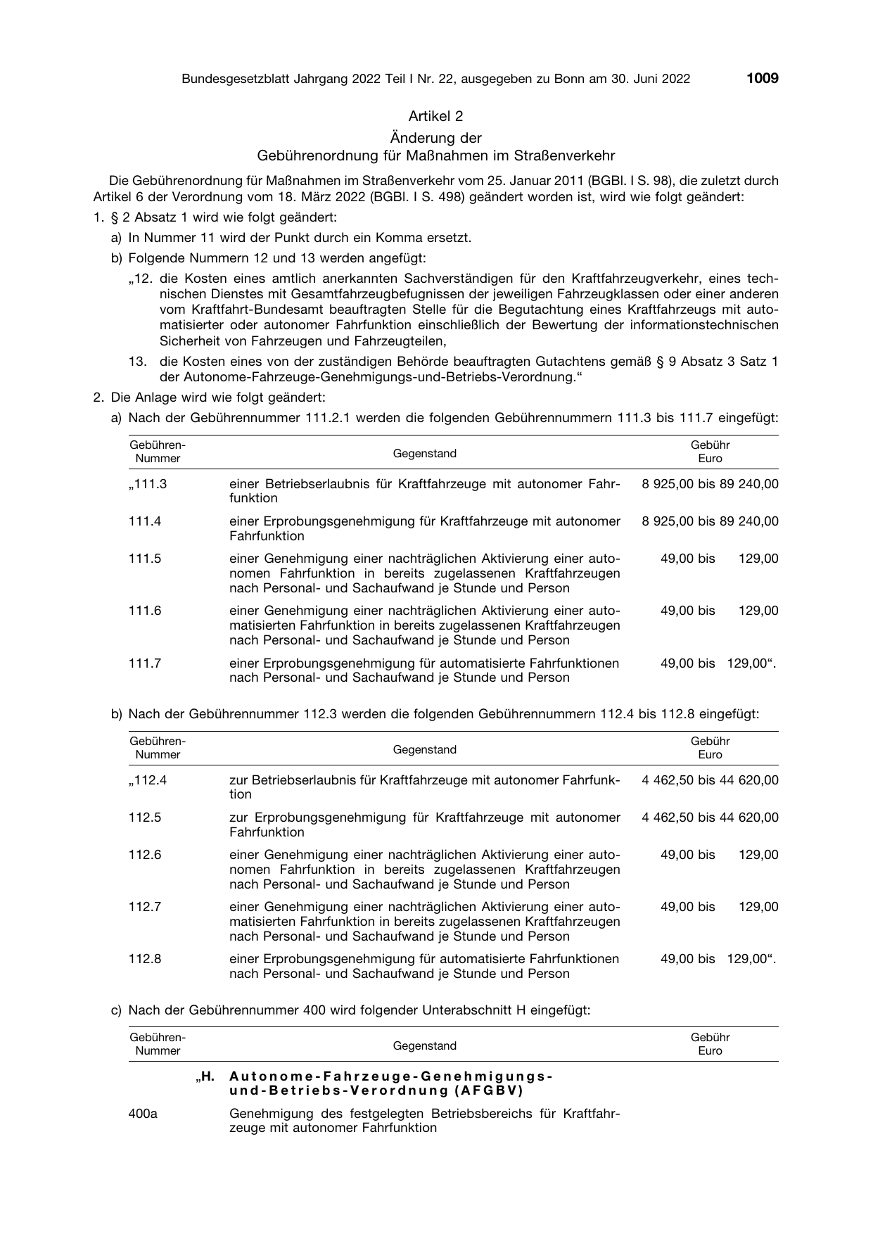 BGBl. 2022, Seite 1009 — Originalseite als Abbildung