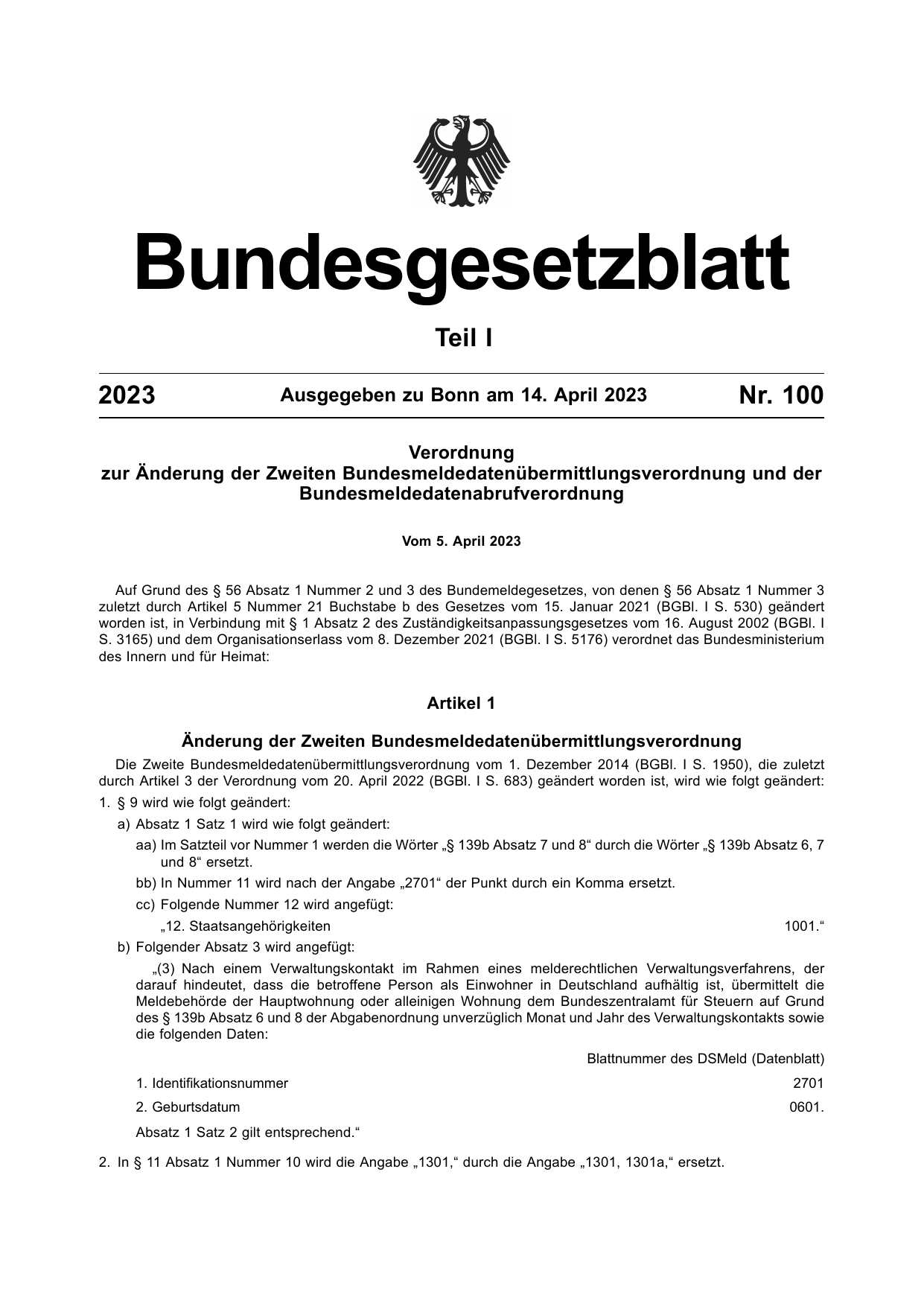 BGBl. 2023, Seite 1 — Originalseite als Abbildung