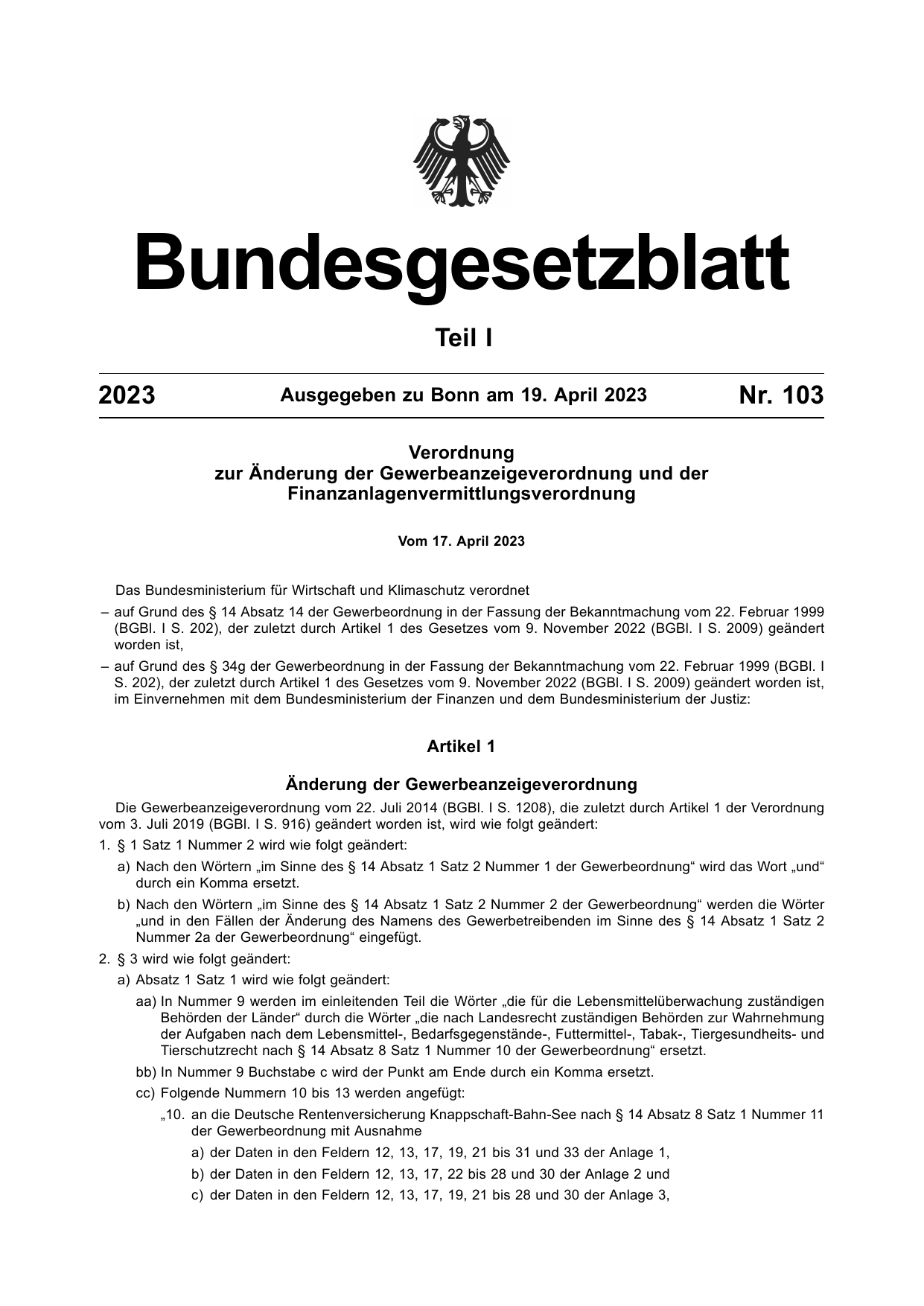 BGBl. 2023, Seite 1 — Originalseite als Abbildung