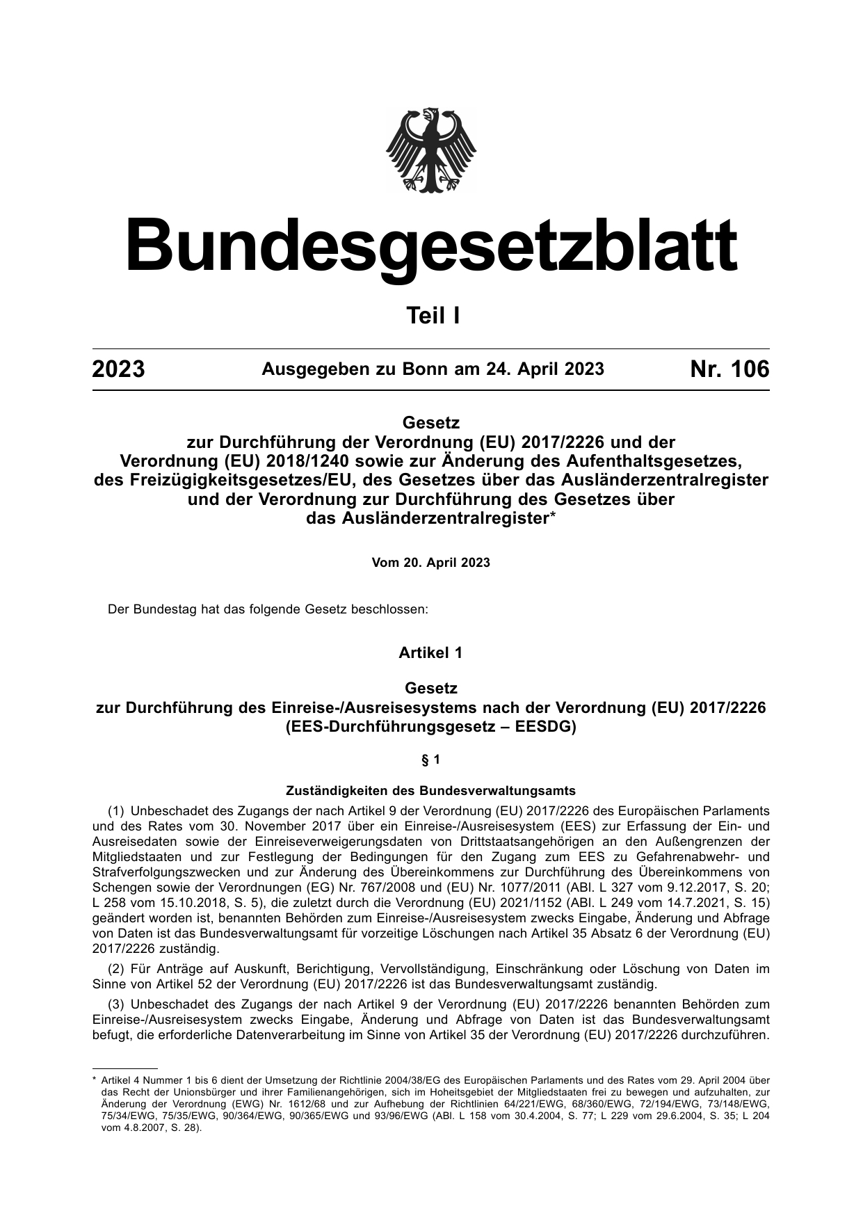 BGBl. 2023, Seite 1 — Originalseite als Abbildung