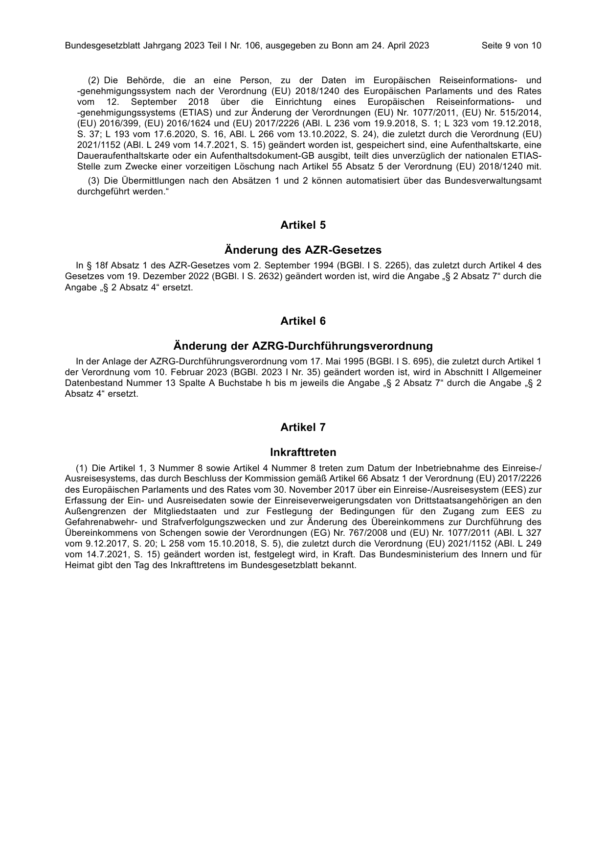 BGBl. 2023, Seite 9 — Originalseite als Abbildung