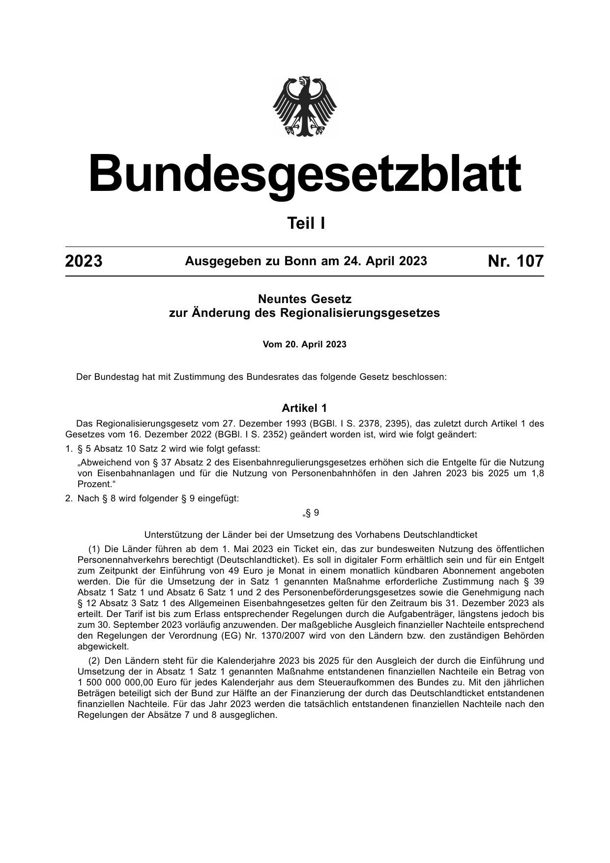 BGBl. 2023, Seite 1 — Originalseite als Abbildung