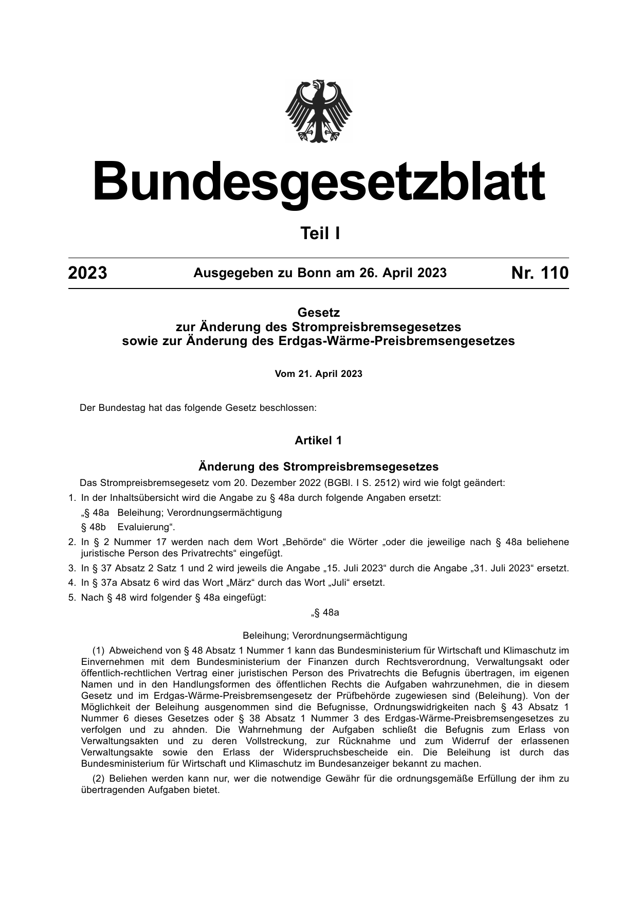 BGBl. 2023, Seite 1 — Originalseite als Abbildung