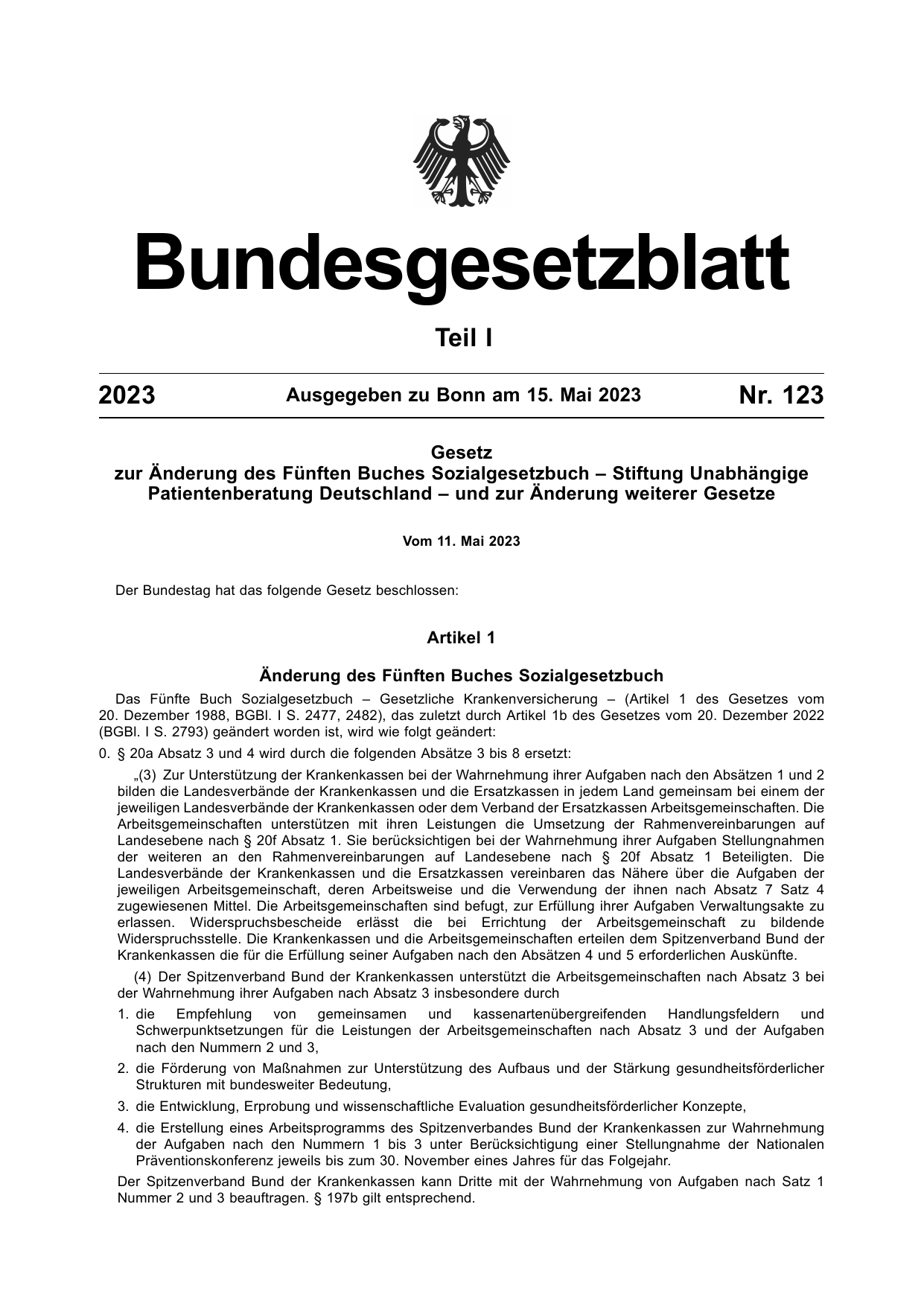 BGBl. 2023, Seite 1 — Originalseite als Abbildung