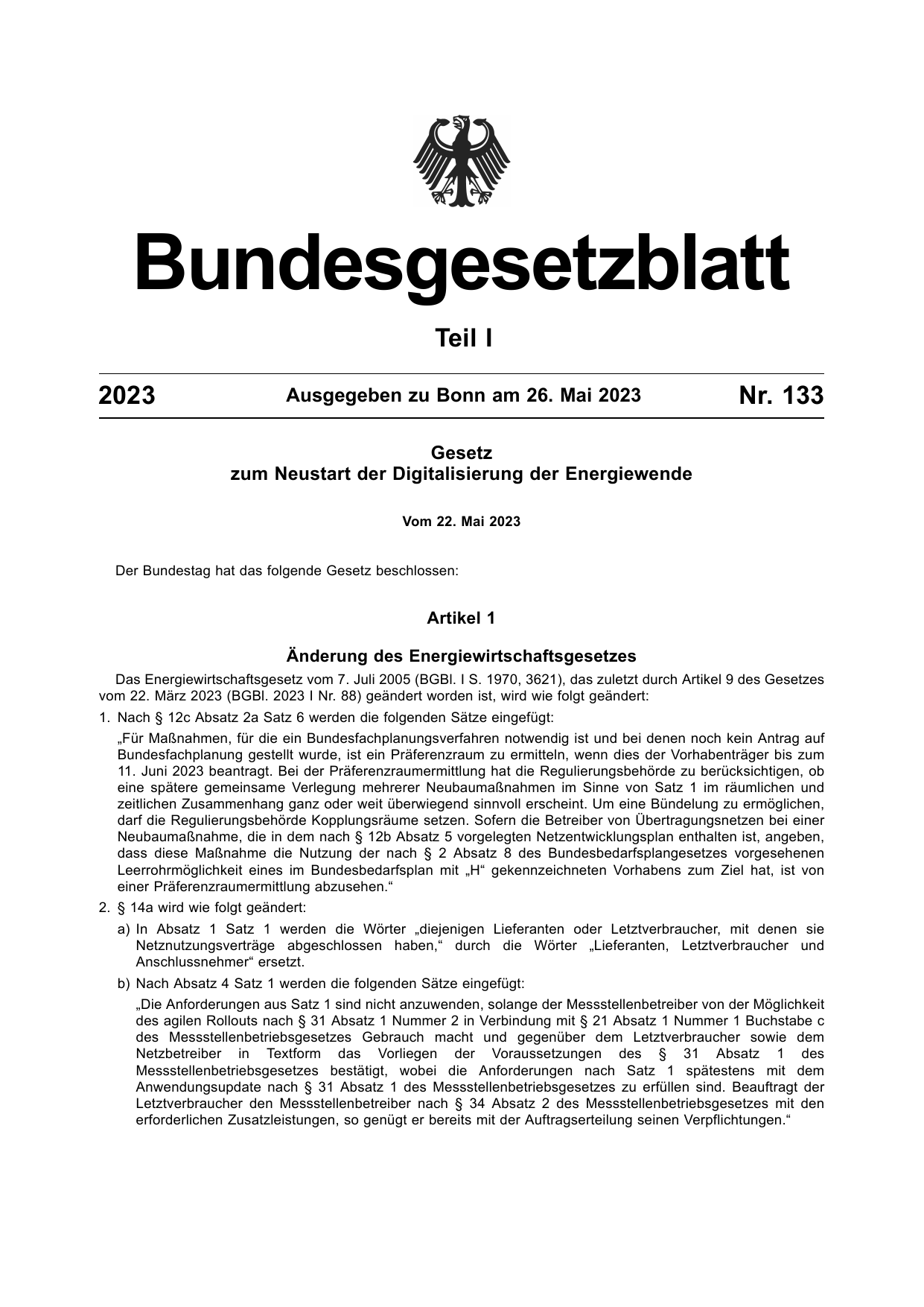 BGBl. 2023, Seite 1 — Originalseite als Abbildung