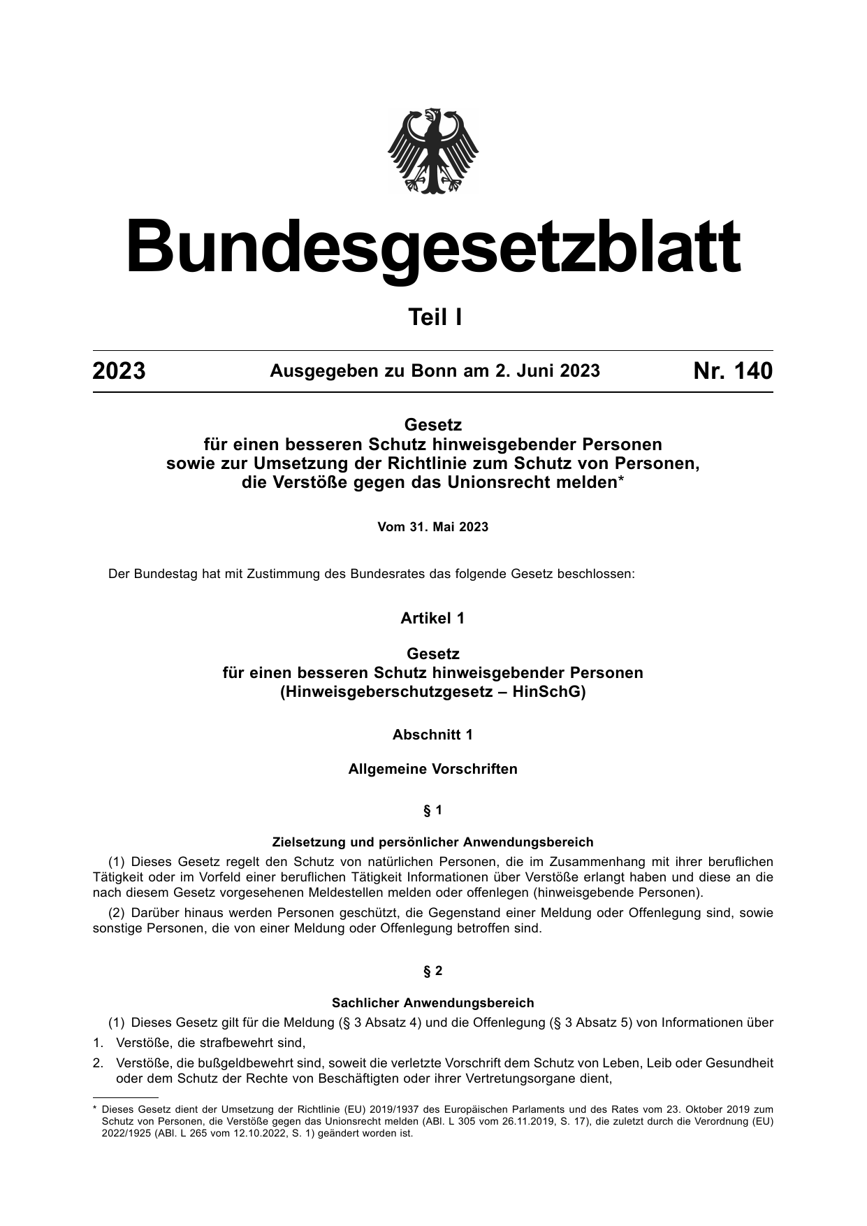 BGBl. 2023, Seite 1 — Originalseite als Abbildung