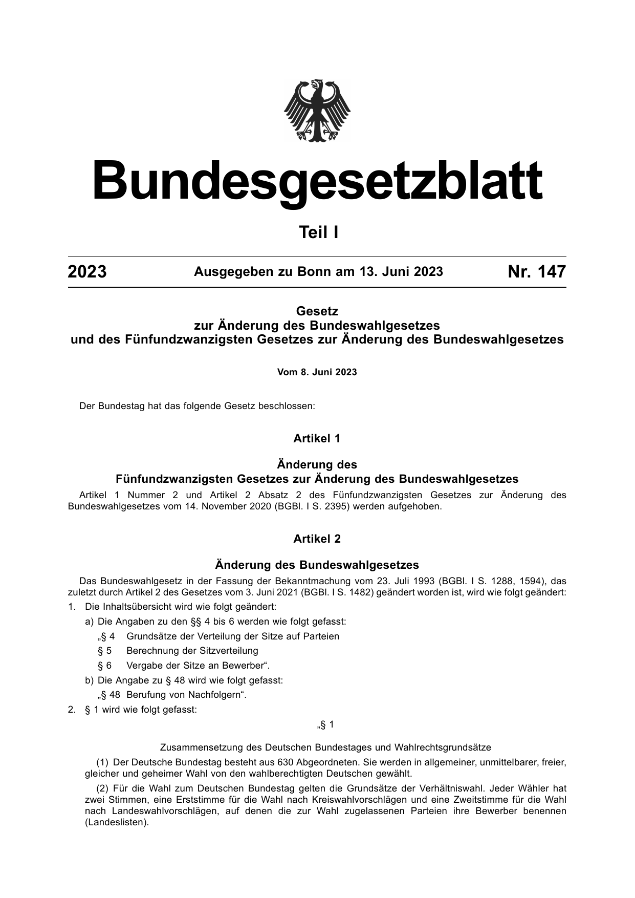 BGBl. 2023, Seite 1 — Originalseite als Abbildung