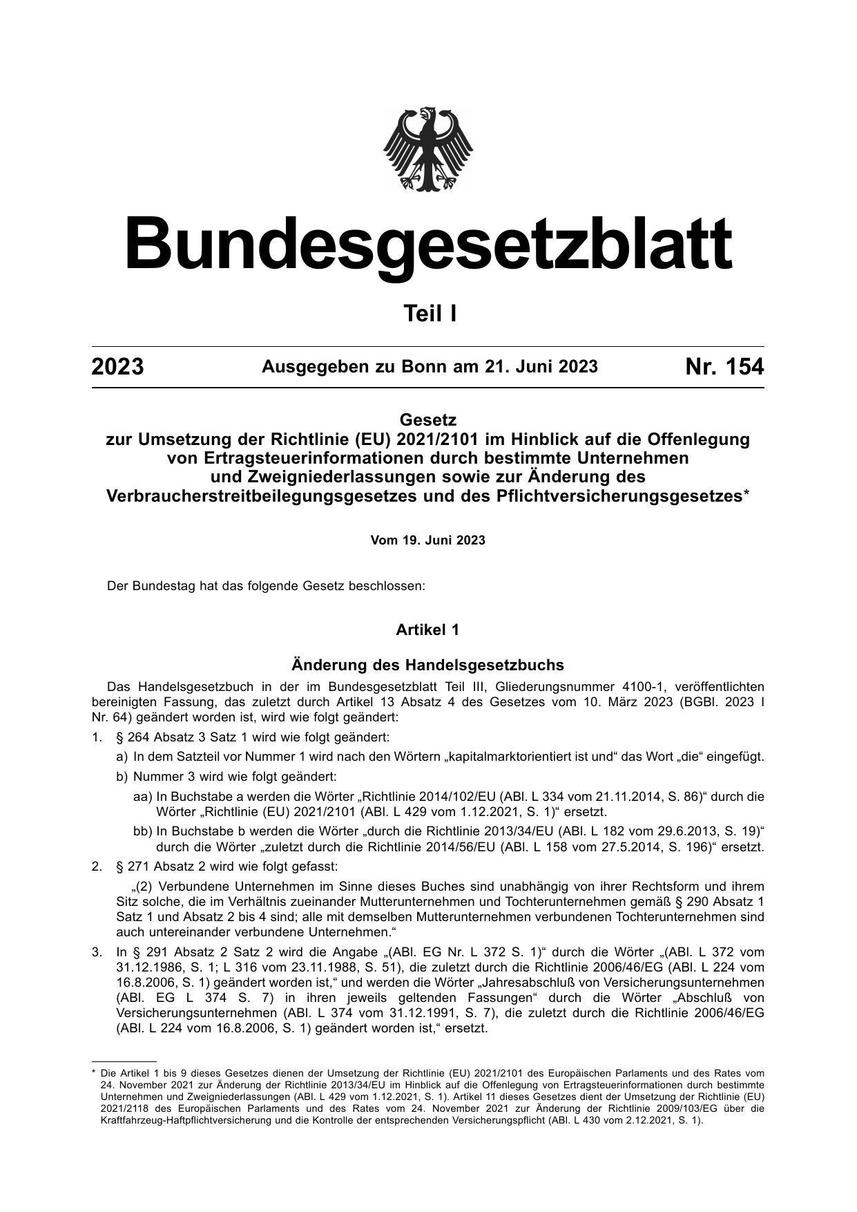 BGBl. 2023, Seite 1 — Originalseite als Abbildung
