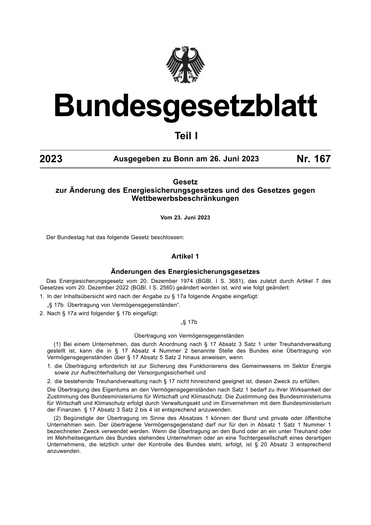 BGBl. 2023, Seite 1 — Originalseite als Abbildung