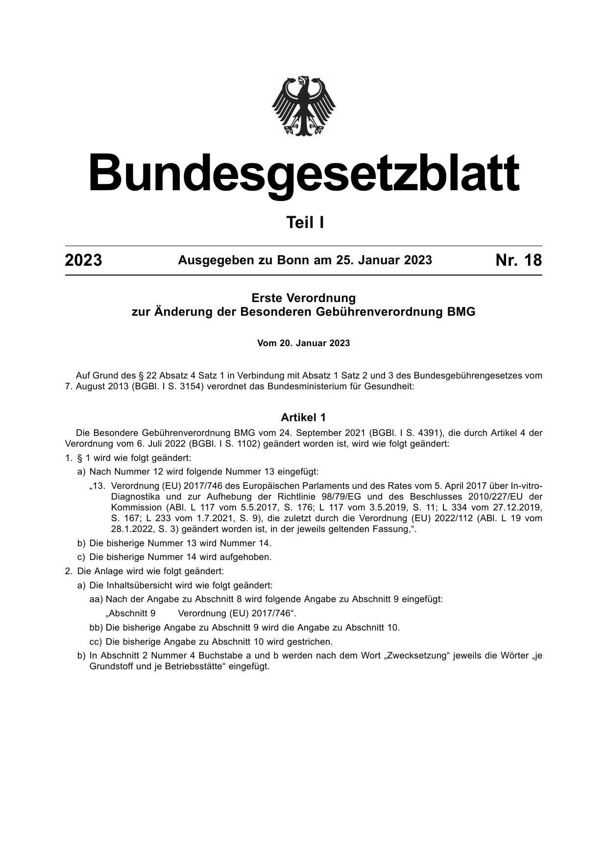 BGBl. 2023, Seite 1 — Originalseite als Abbildung