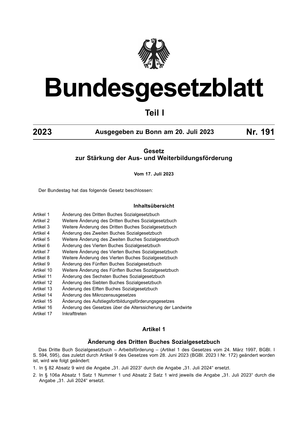 BGBl. 2023, Seite 1 — Originalseite als Abbildung