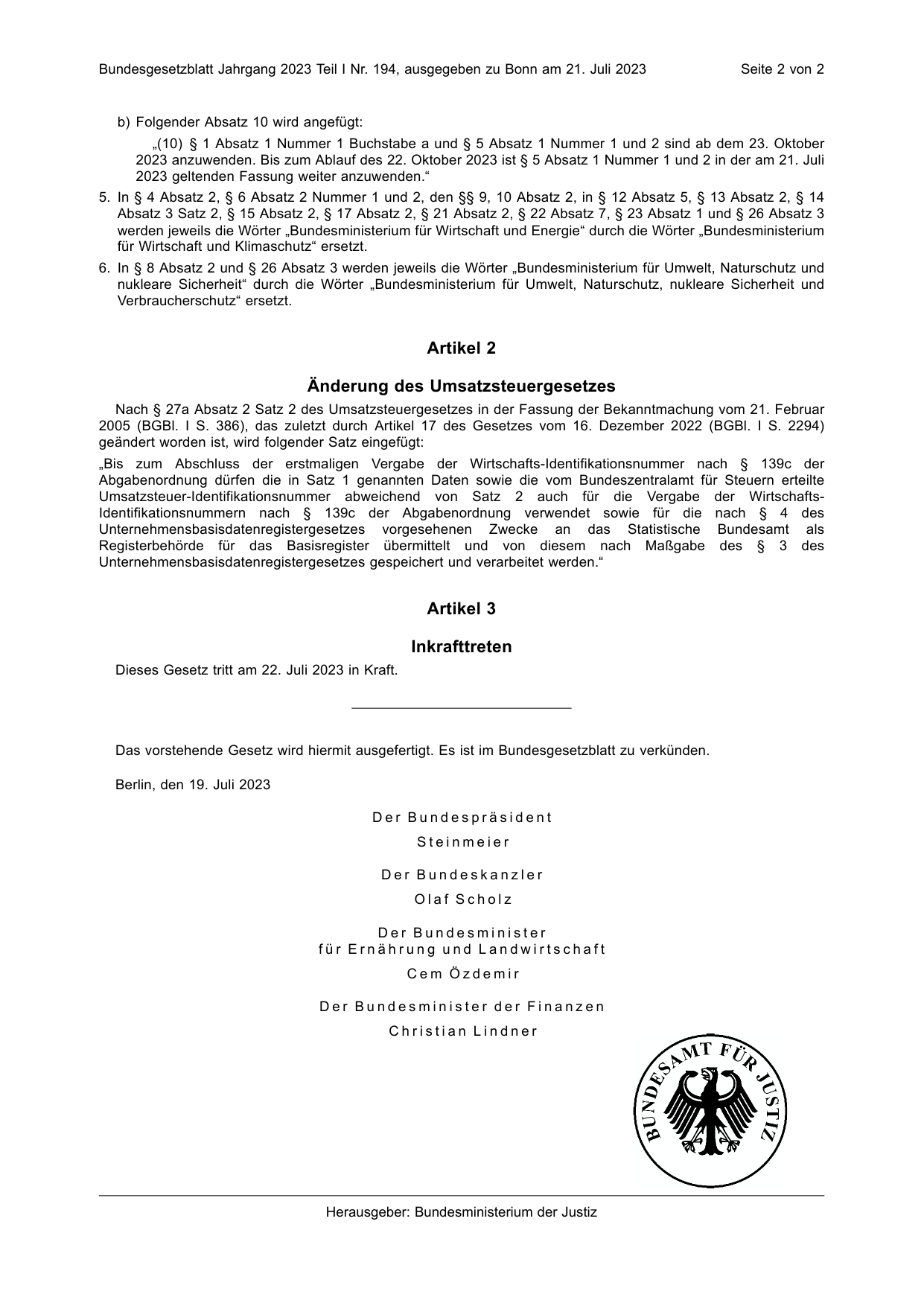 BGBl. 2023, Seite 2 — Originalseite als Abbildung