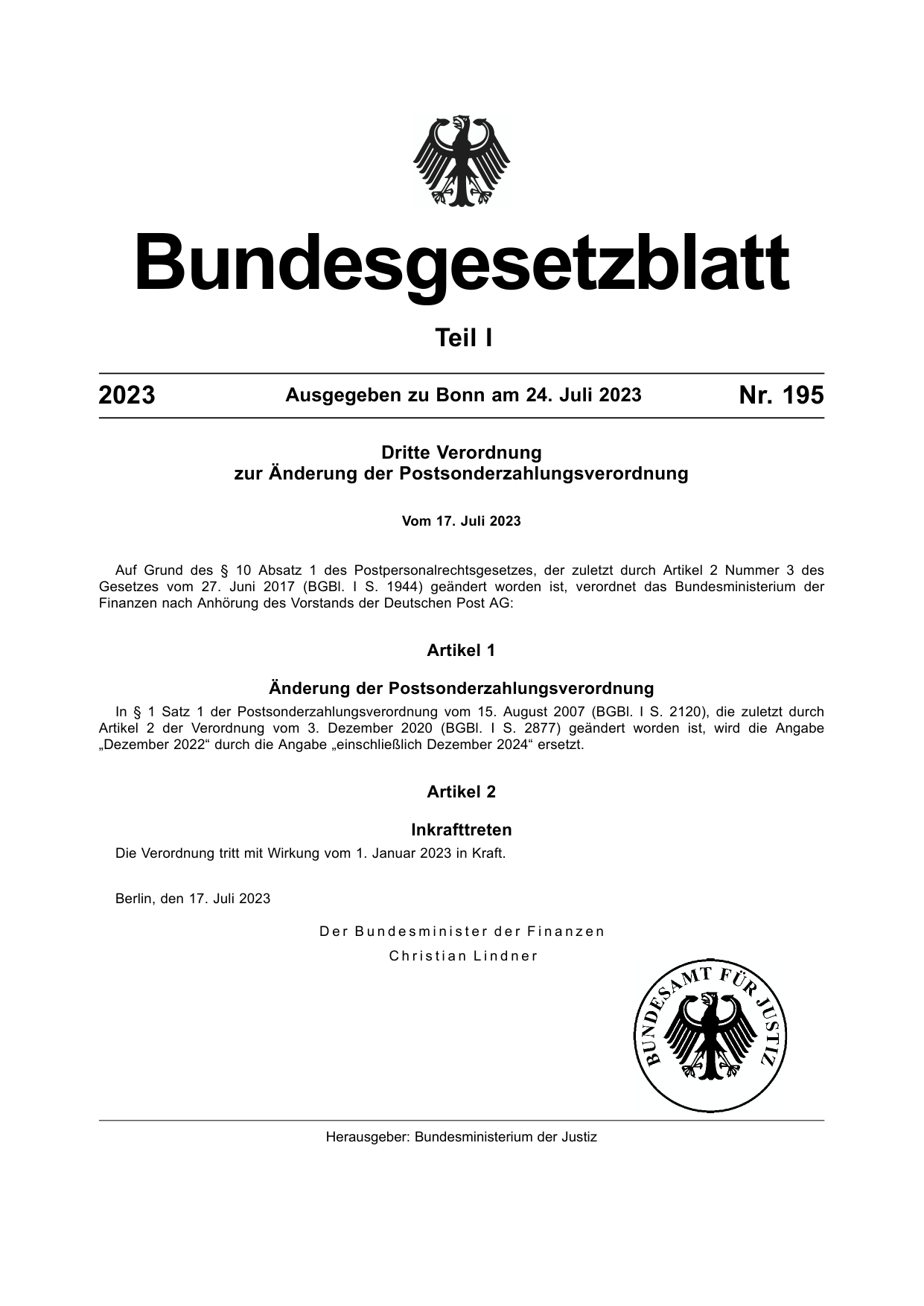 BGBl. 2023, Seite 1 — Originalseite als Abbildung