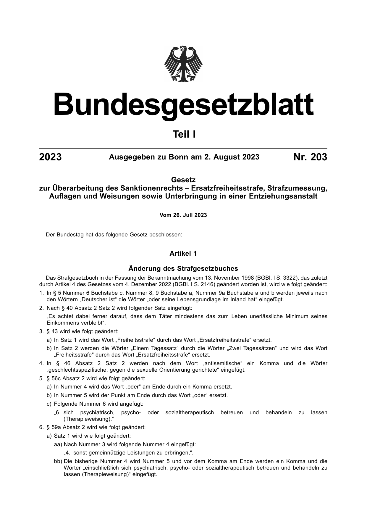 BGBl. 2023, Seite 1 — Originalseite als Abbildung