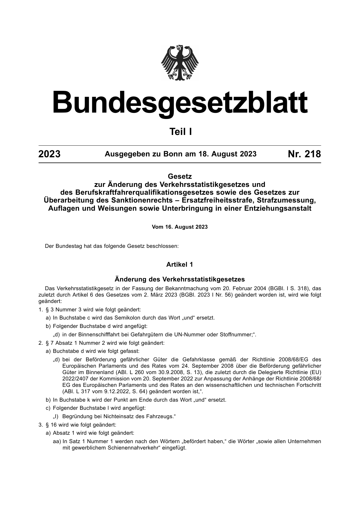 BGBl. 2023, Seite 1 — Originalseite als Abbildung