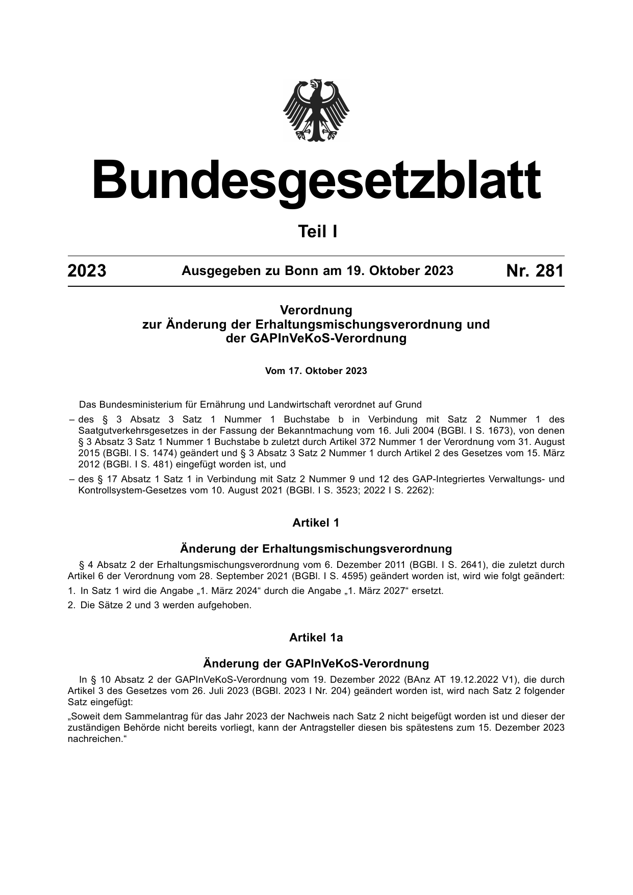 BGBl. 2023, Seite 1 — Originalseite als Abbildung