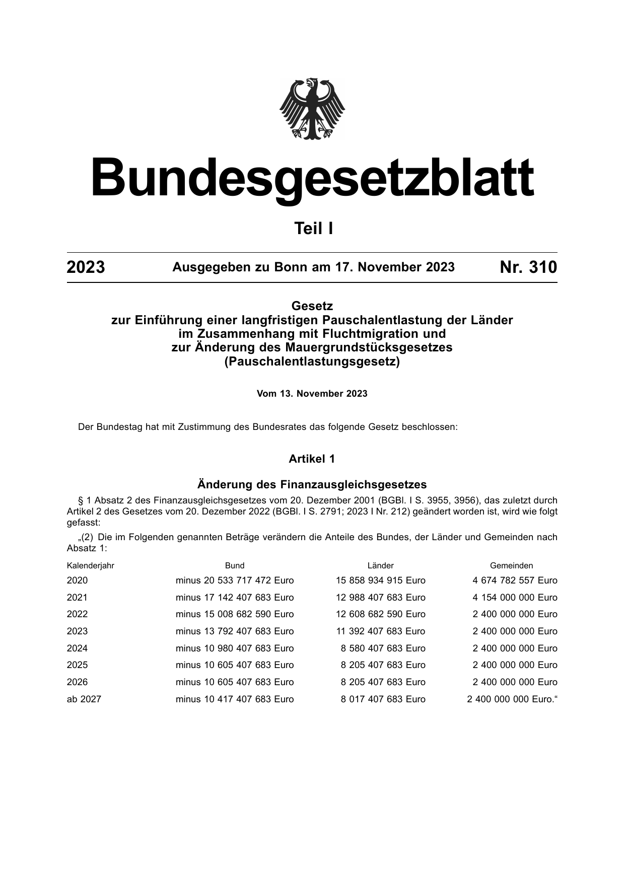 BGBl. 2023, Seite 1 — Originalseite als Abbildung