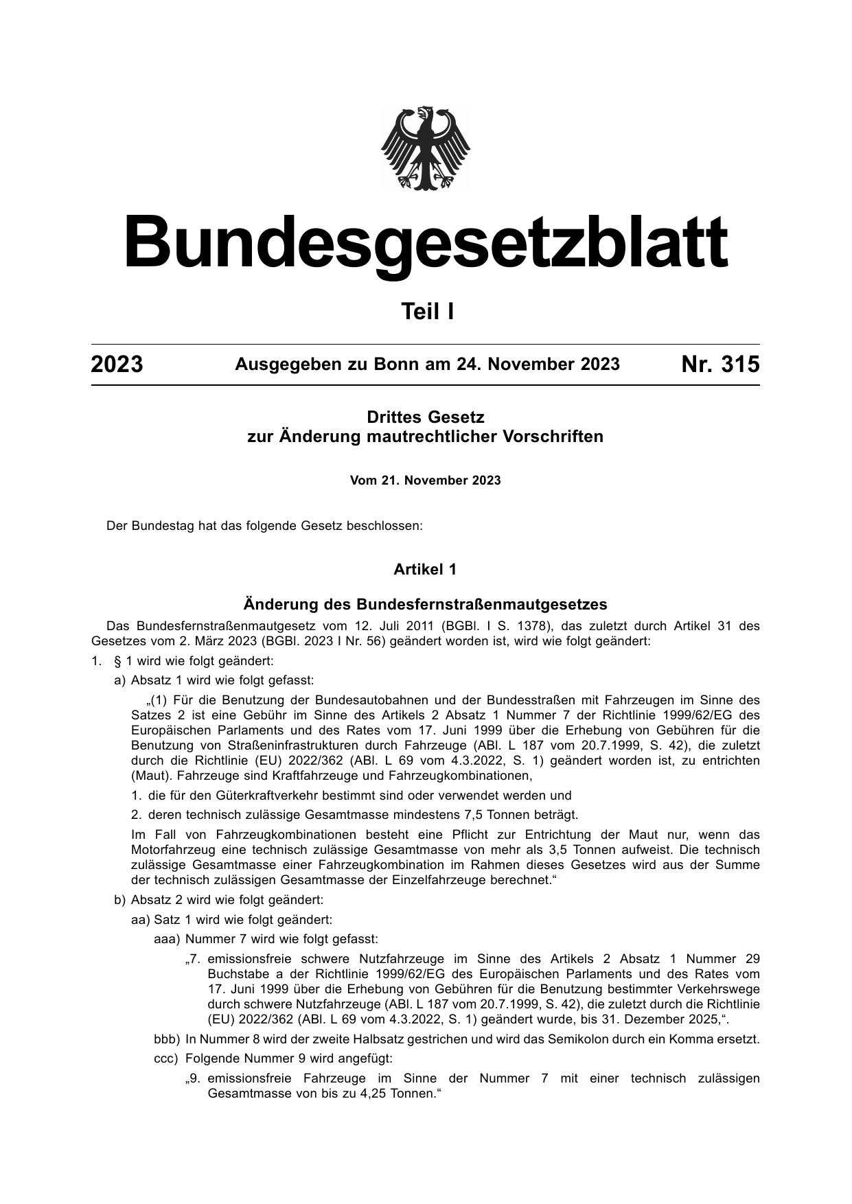 BGBl. 2023, Seite 1 — Originalseite als Abbildung