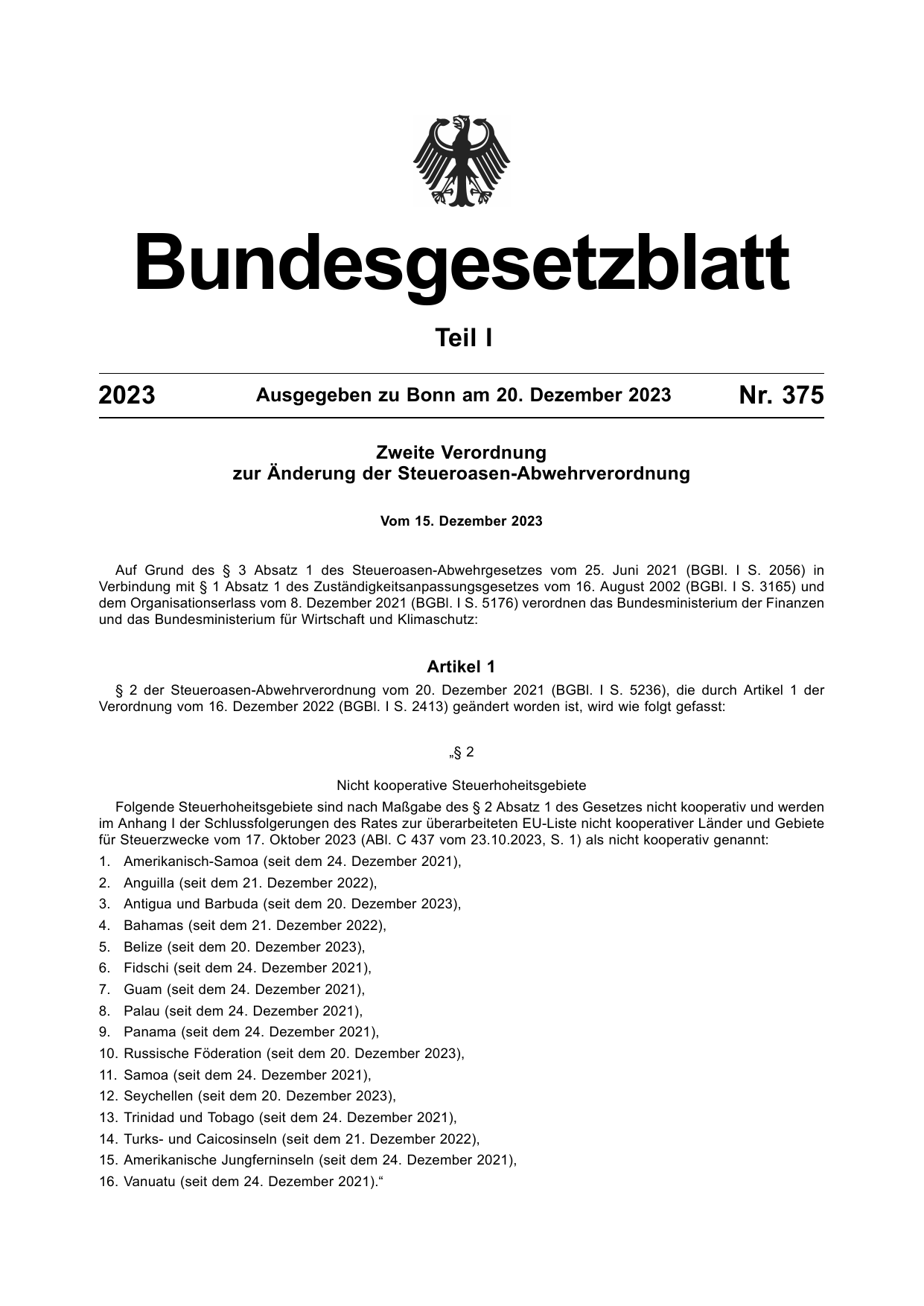 BGBl. 2023, Seite 1 — Originalseite als Abbildung