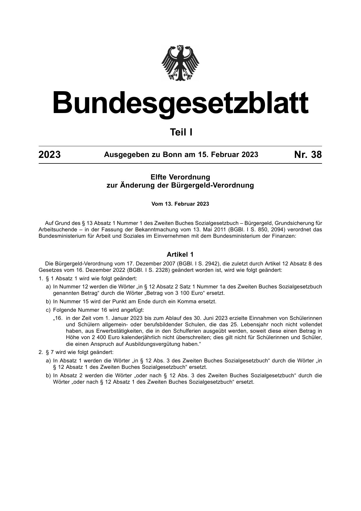 BGBl. 2023, Seite 1 — Originalseite als Abbildung