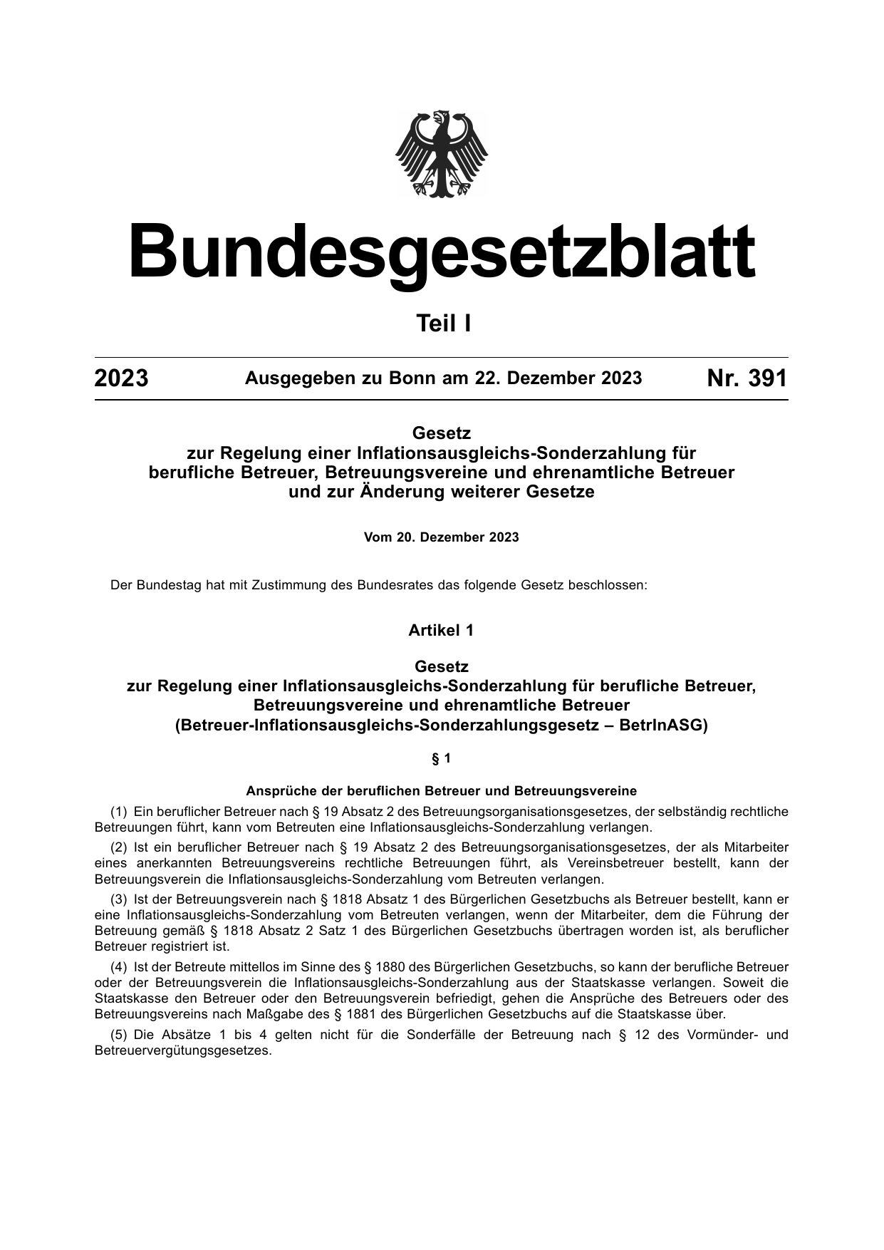 BGBl. 2023, Seite 1 — Originalseite als Abbildung